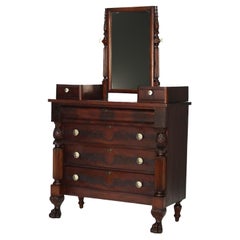 Antique Empire Neoclassical Carved Flame Mahogany Claw Foot Dresser C1890