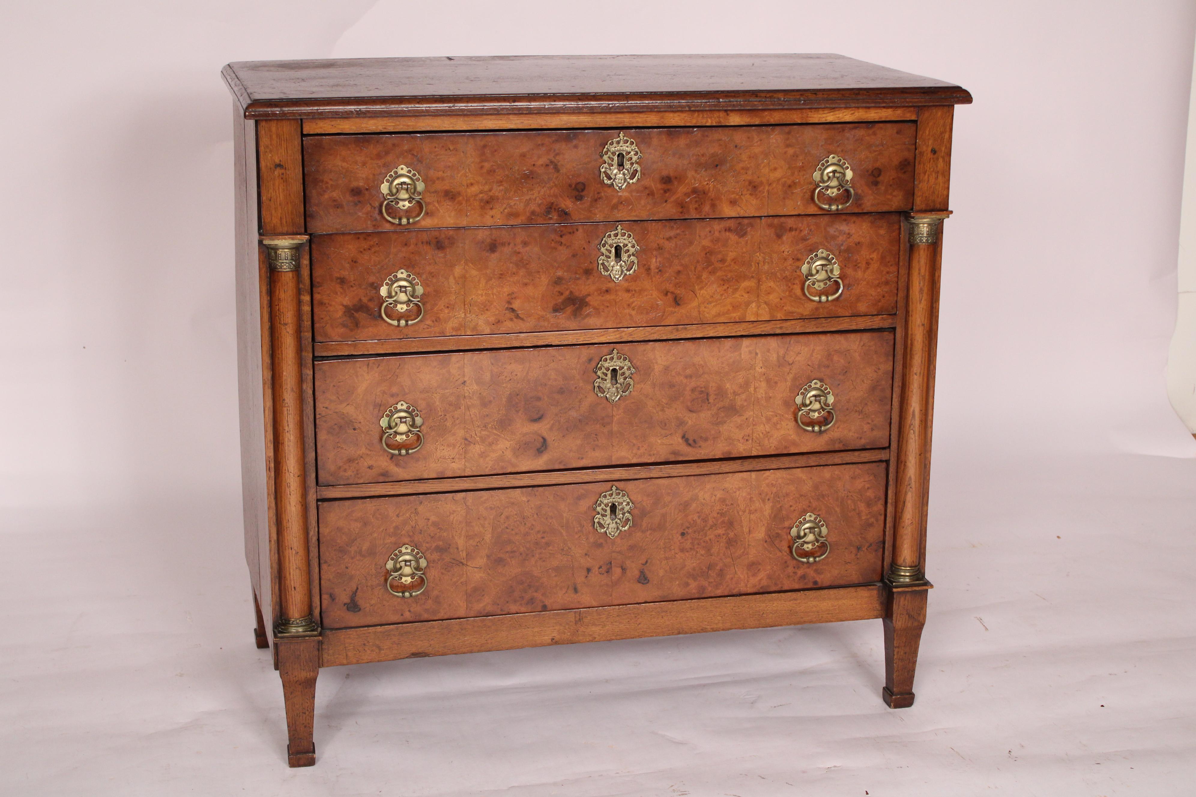 European Antique Empire Oak and Burl Elm Chest of Drawers