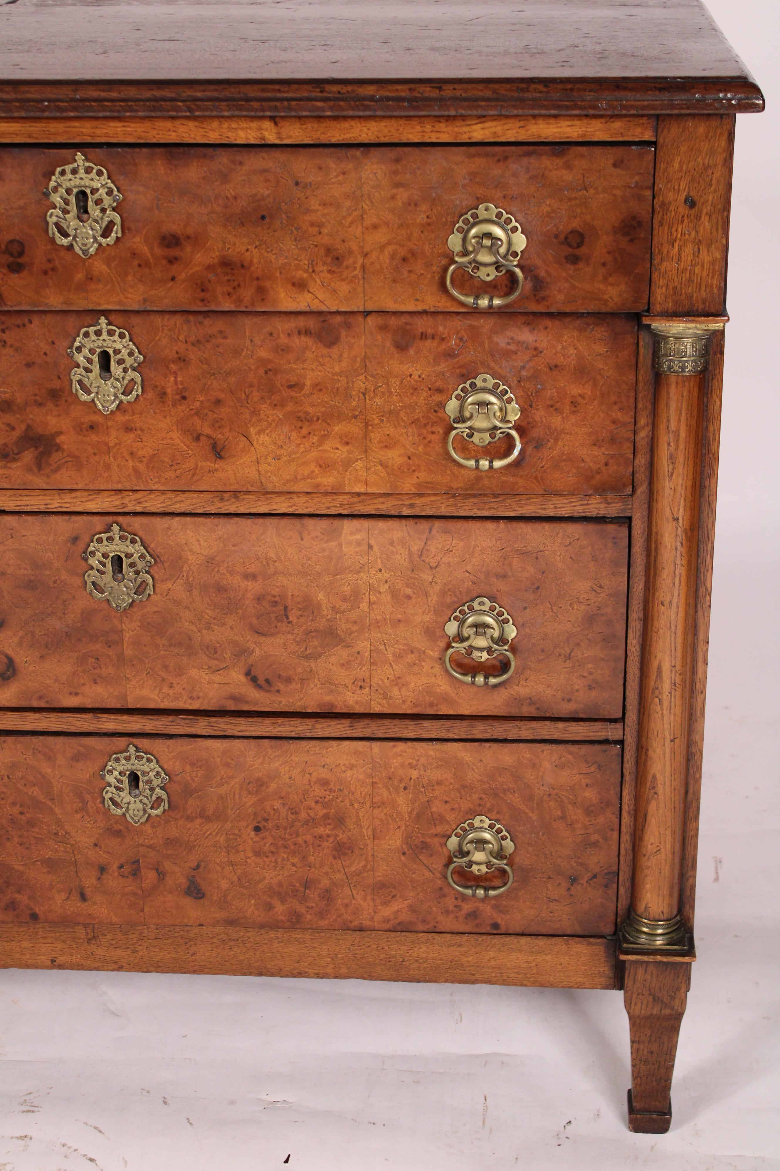 Brass Antique Empire Oak and Burl Elm Chest of Drawers