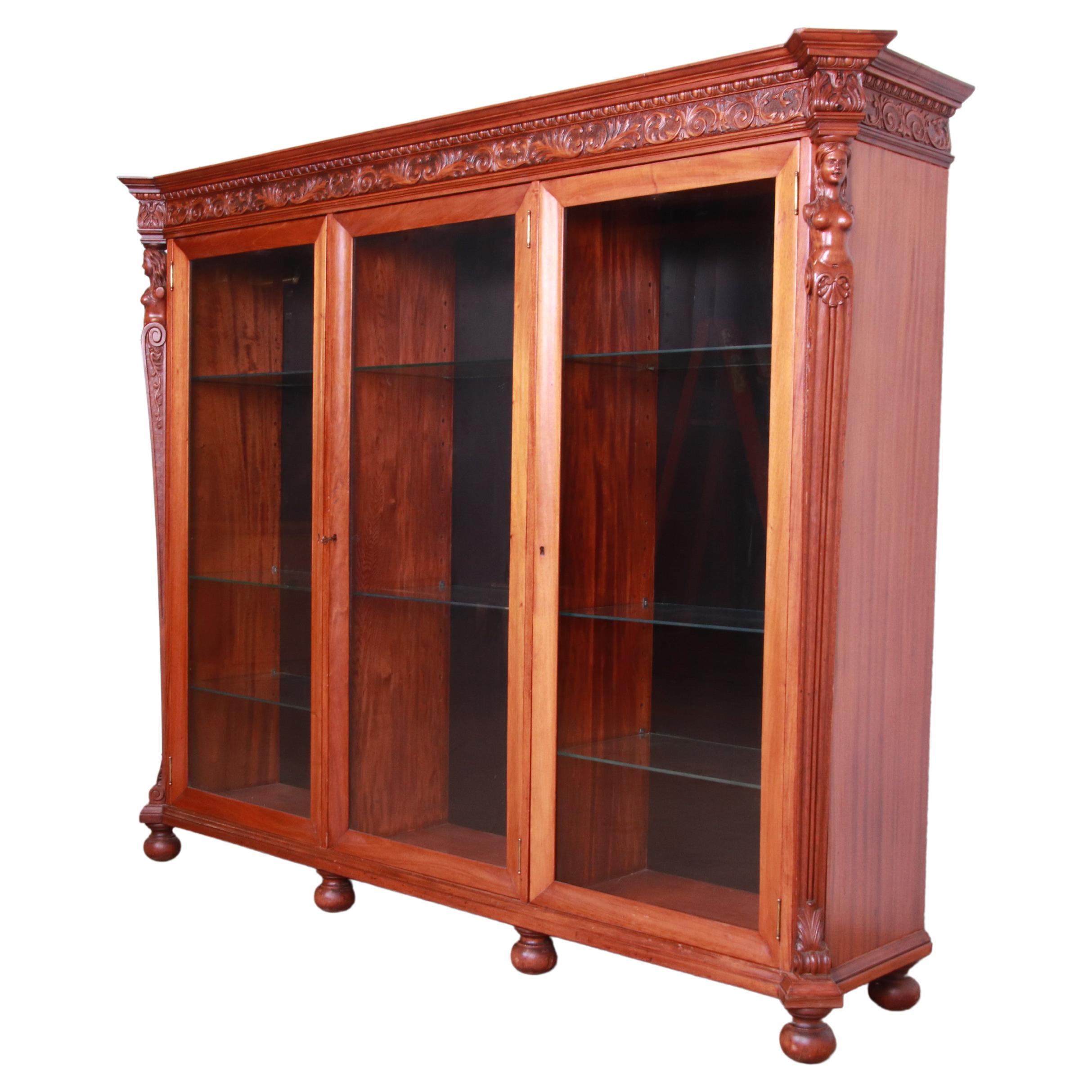 Antique Mahogany Glass Front Triple Bookcase, circa 1900 at 1stDibs