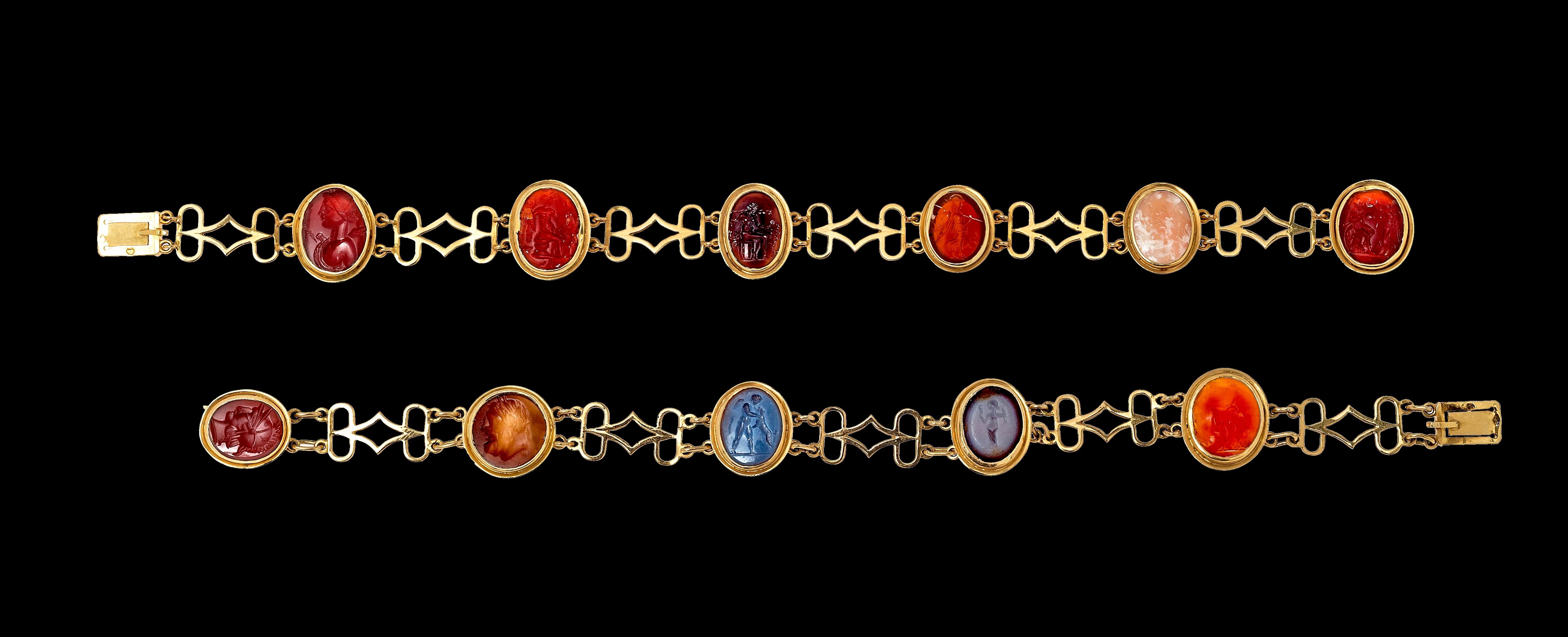 Mixed Cut Antique Empire Pair Of 18 K Gold Bracelets/Necklace Ancient + Antique Intaglios For Sale