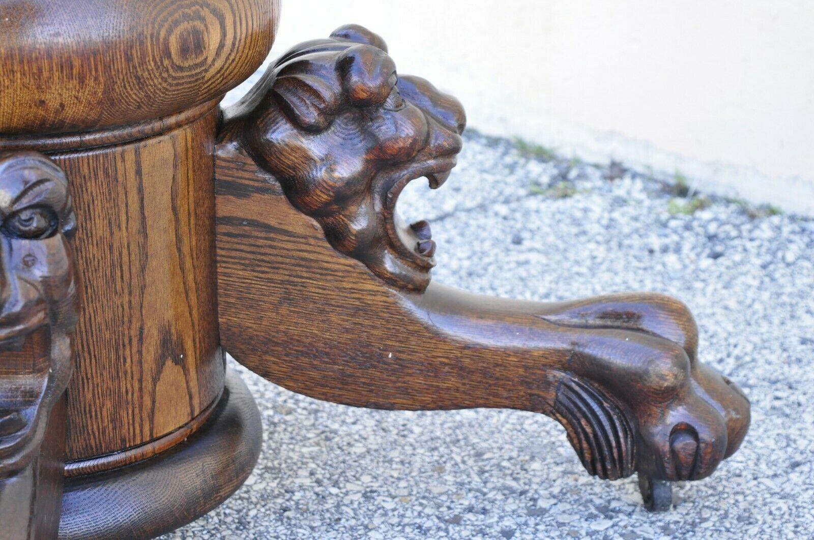 Antique Empire Paw Feet Lion Head Oak Dining Table Pedestal Base Horner Style 3