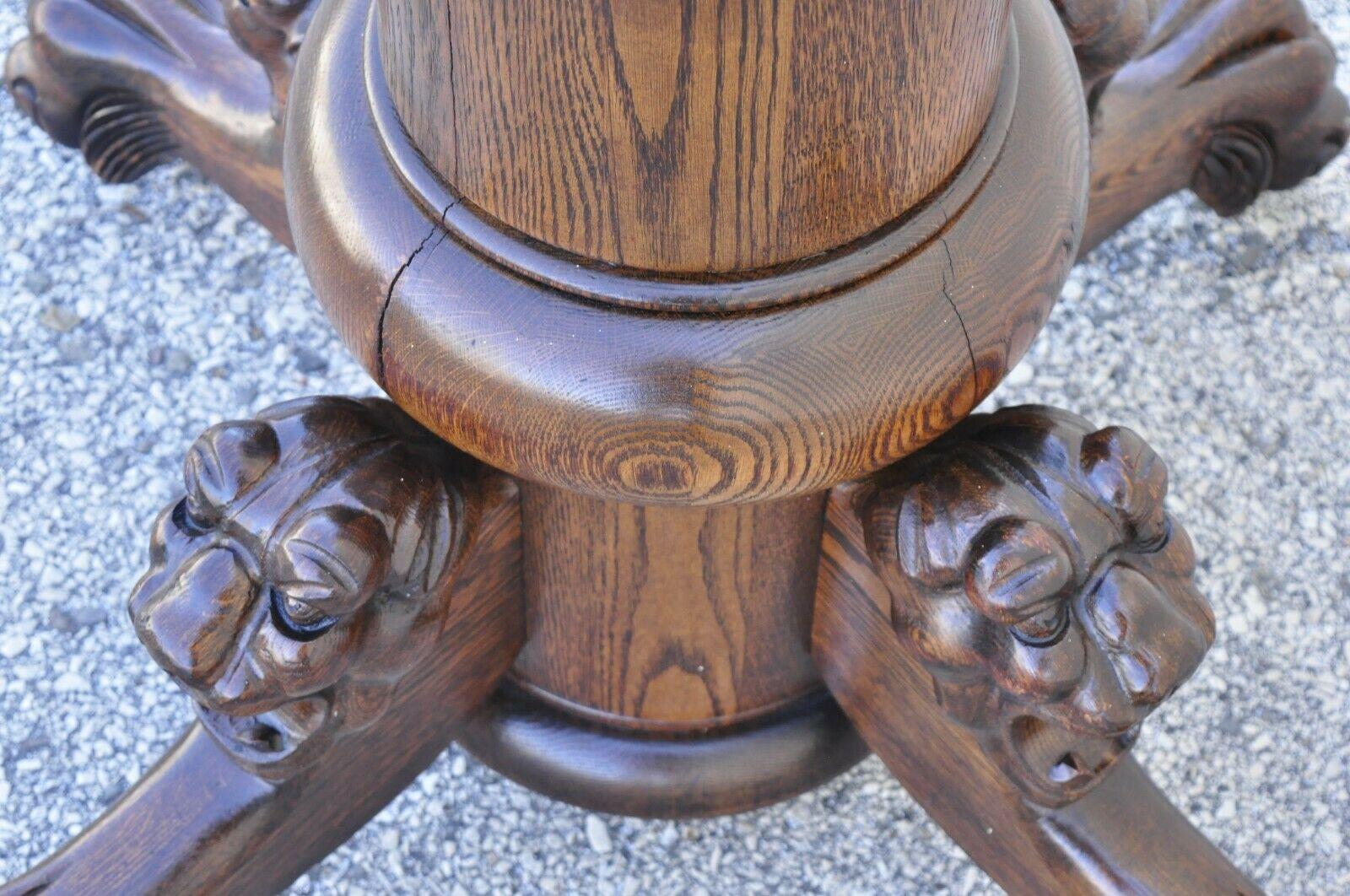 American Antique Empire Paw Feet Lion Head Oak Dining Table Pedestal Base Horner Style