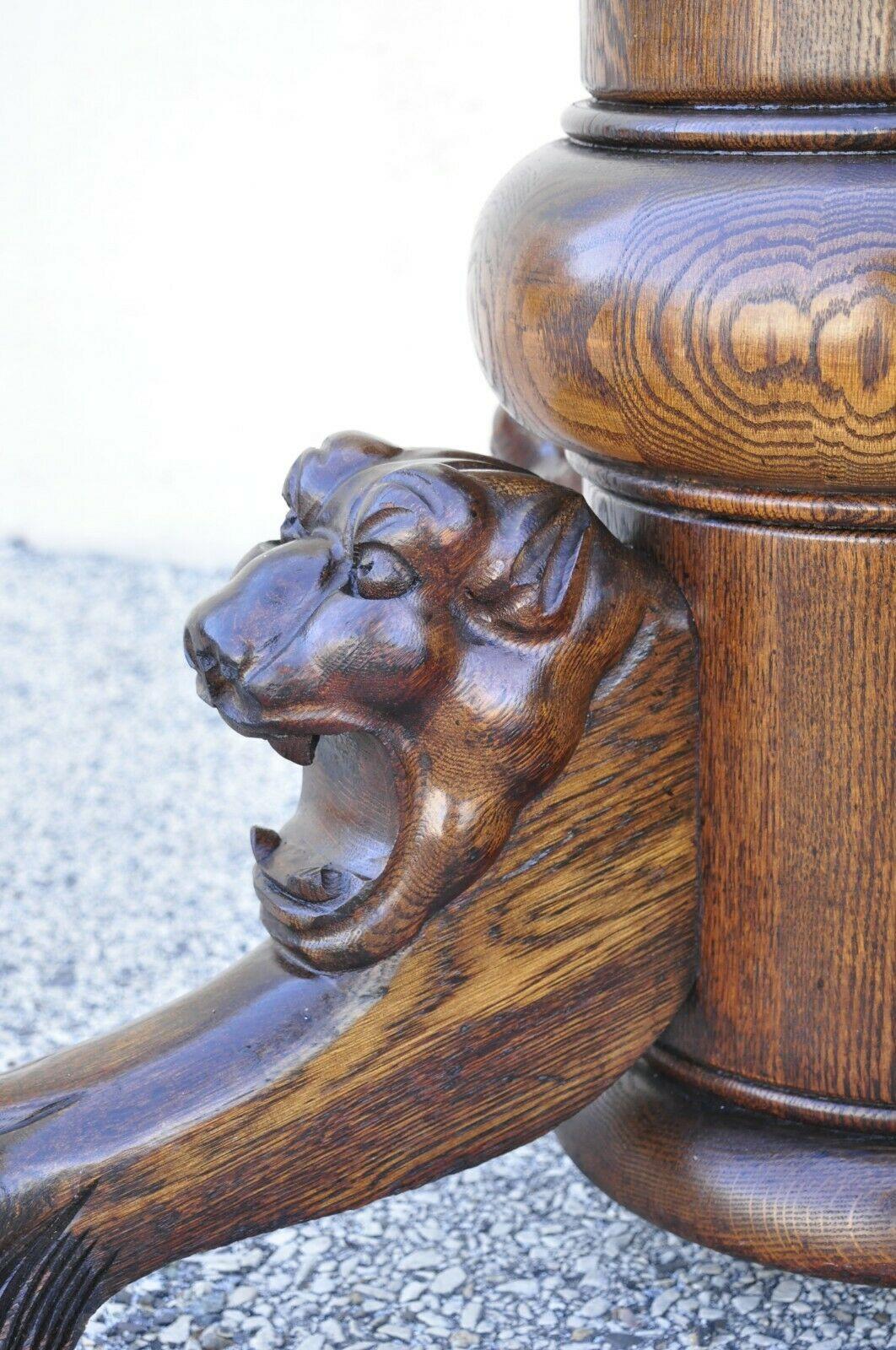 Antique Empire Paw Feet Lion Head Oak Dining Table Pedestal Base Horner Style In Good Condition In Philadelphia, PA