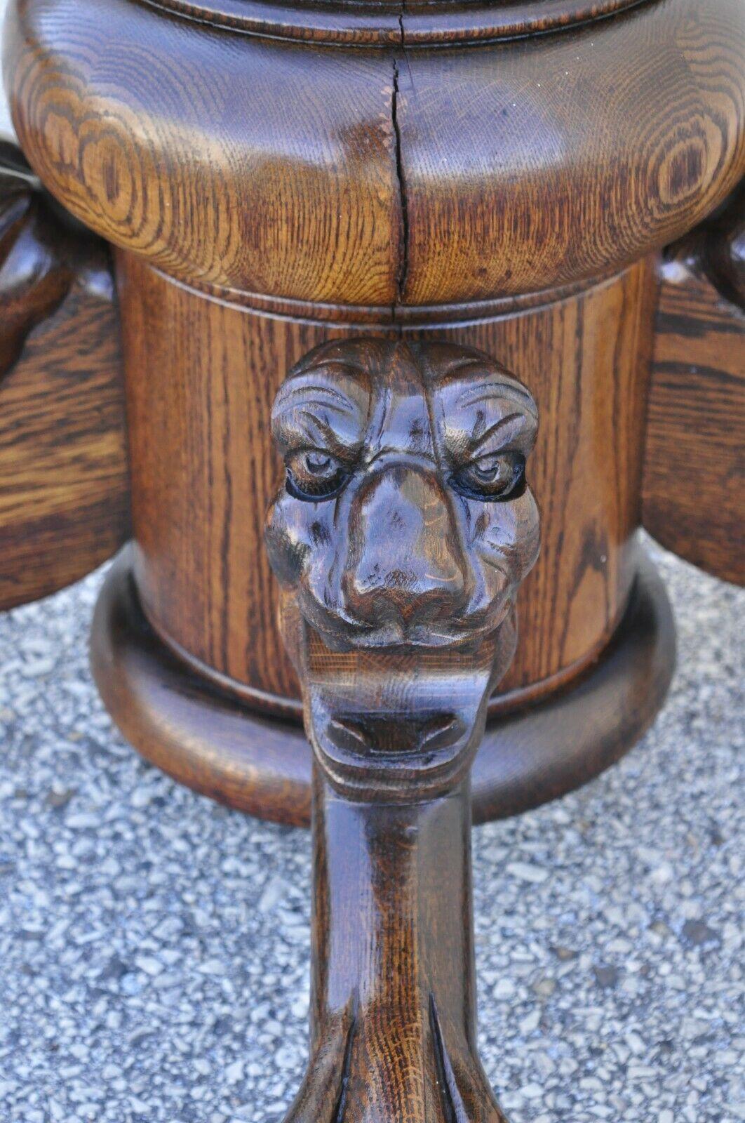 19th Century Antique Empire Paw Feet Lion Head Oak Dining Table Pedestal Base Horner Style