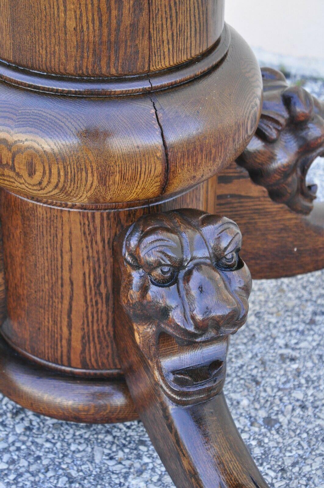 Antique Empire Paw Feet Lion Head Oak Dining Table Pedestal Base Horner Style 1