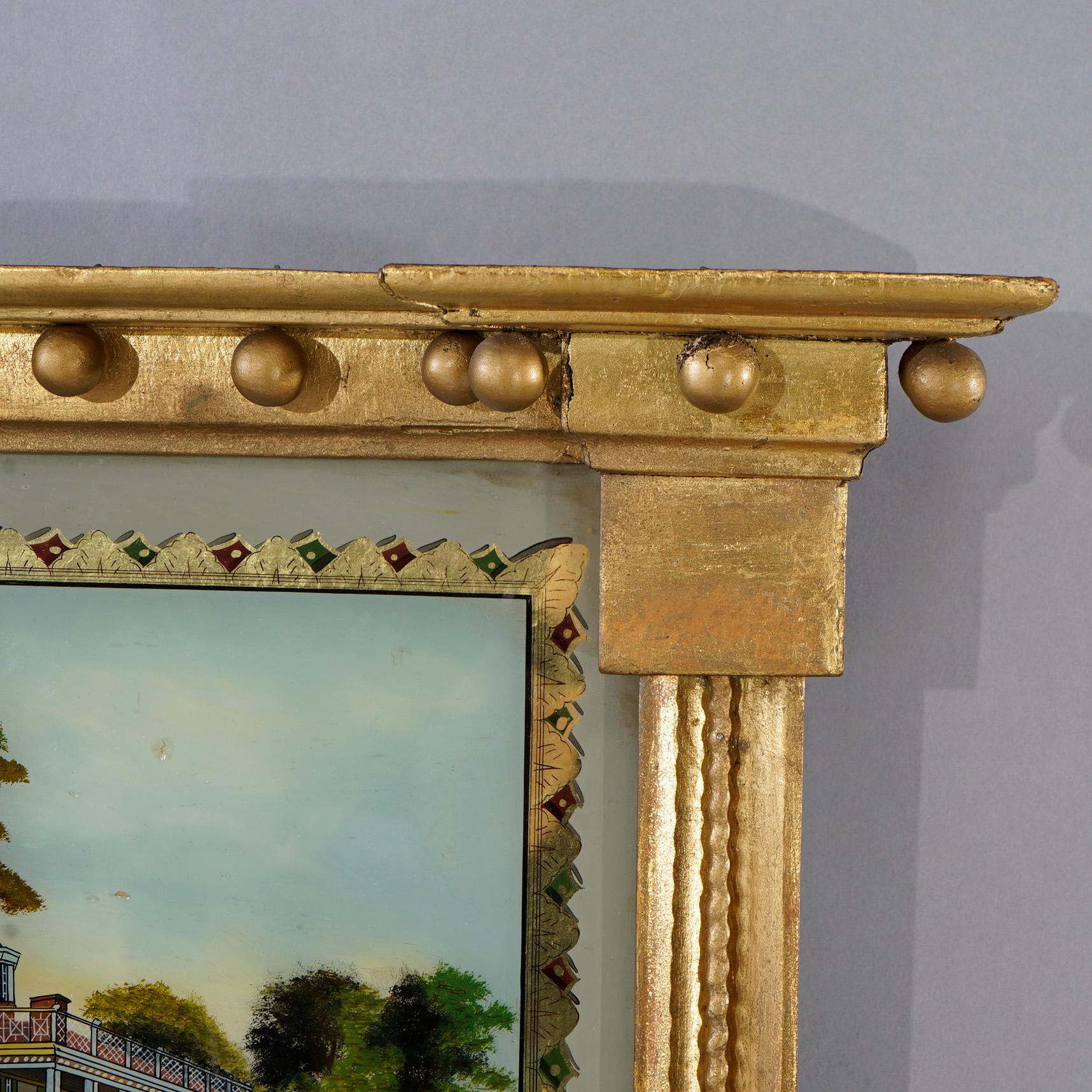 American Antique Empire Reverse Painted Adams Style Giltwood Trumeau Wall Mirror 19th C