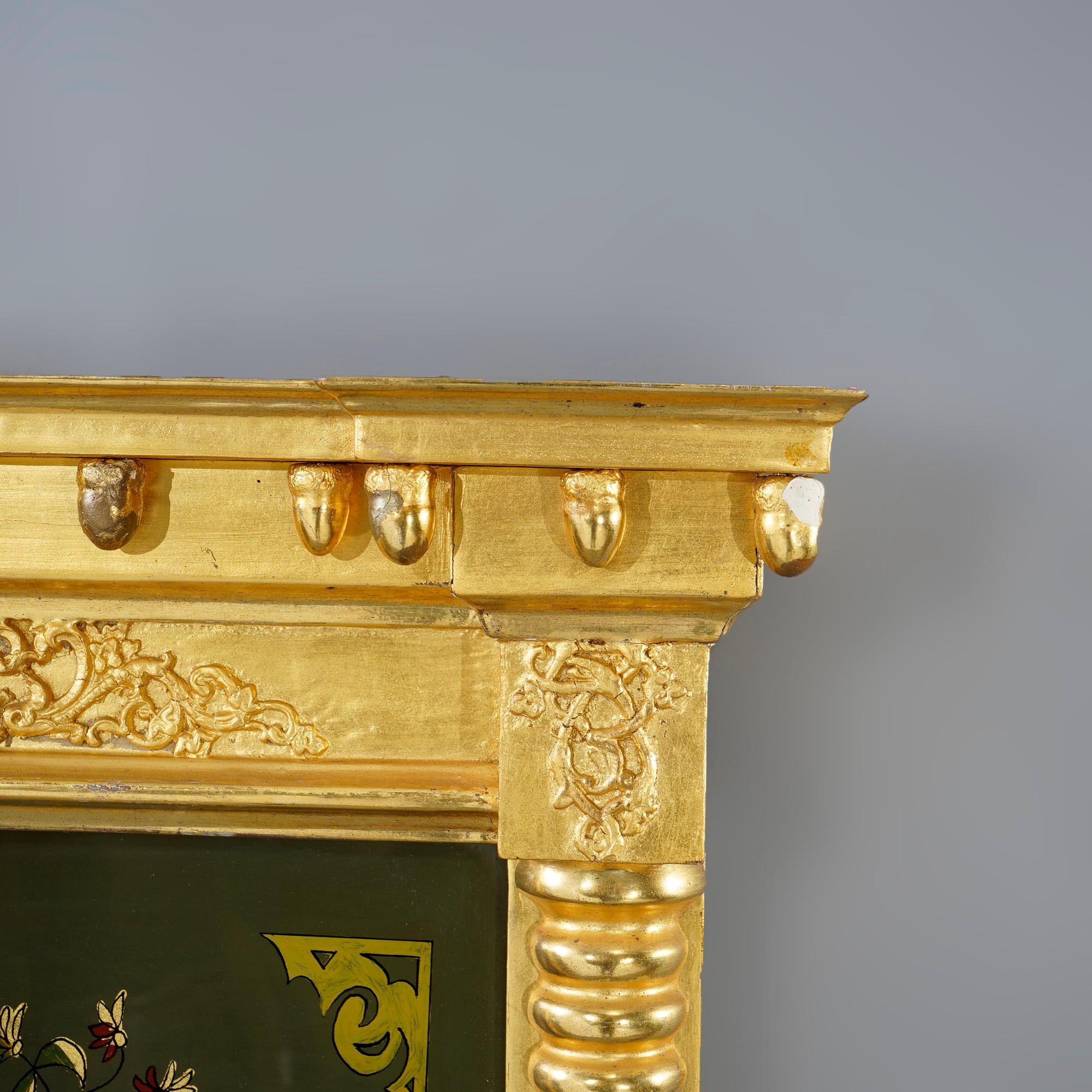 Antiker Empire-Wandspiegel, umgekehrt bemalt, Stillleben, vergoldetes Holz, Trumeau, 19. Jahrhundert (amerikanisch) im Angebot