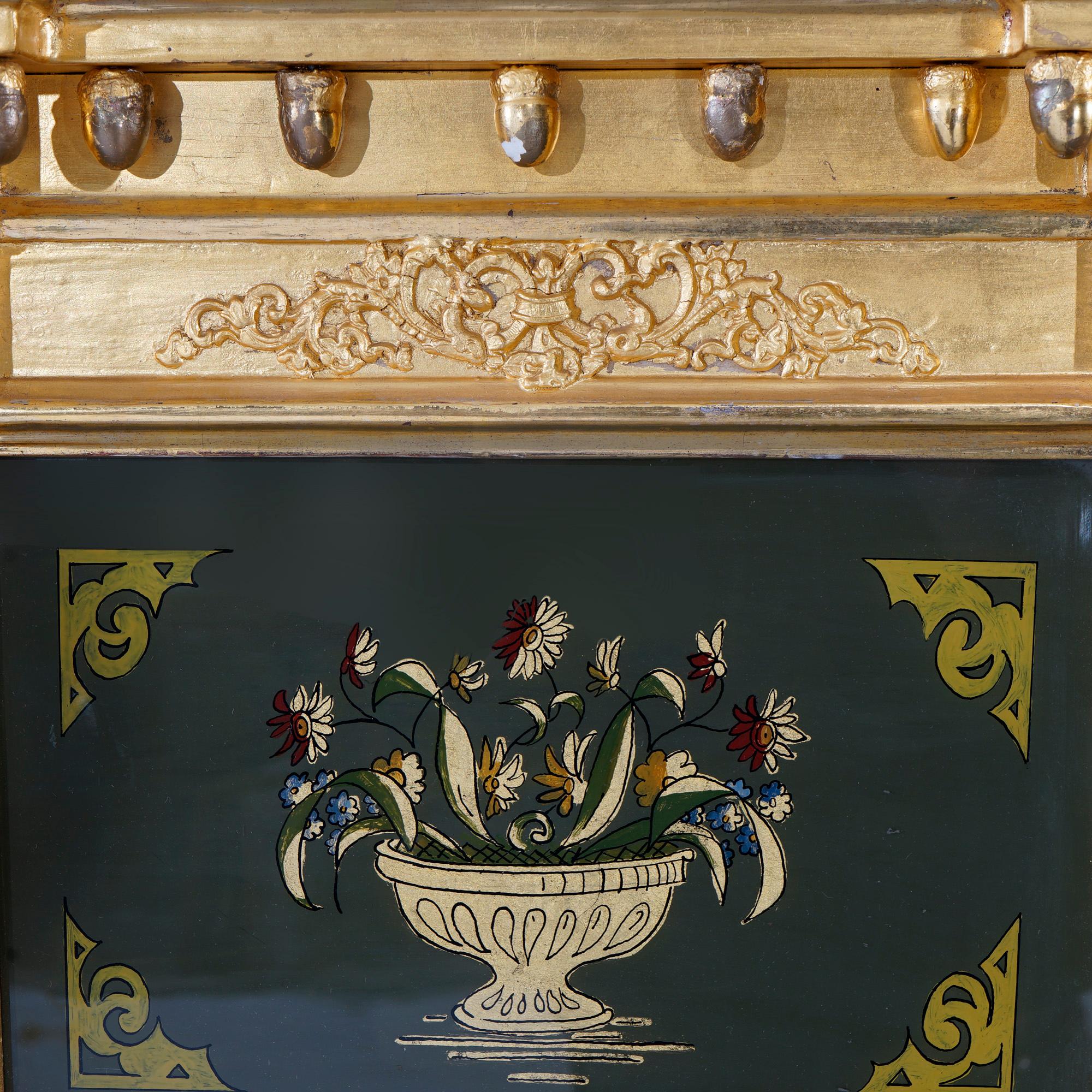 Doré Miroir mural Trumeau Empire ancien en bois doré avec nature morte peinte à l'envers, 19ème siècle en vente