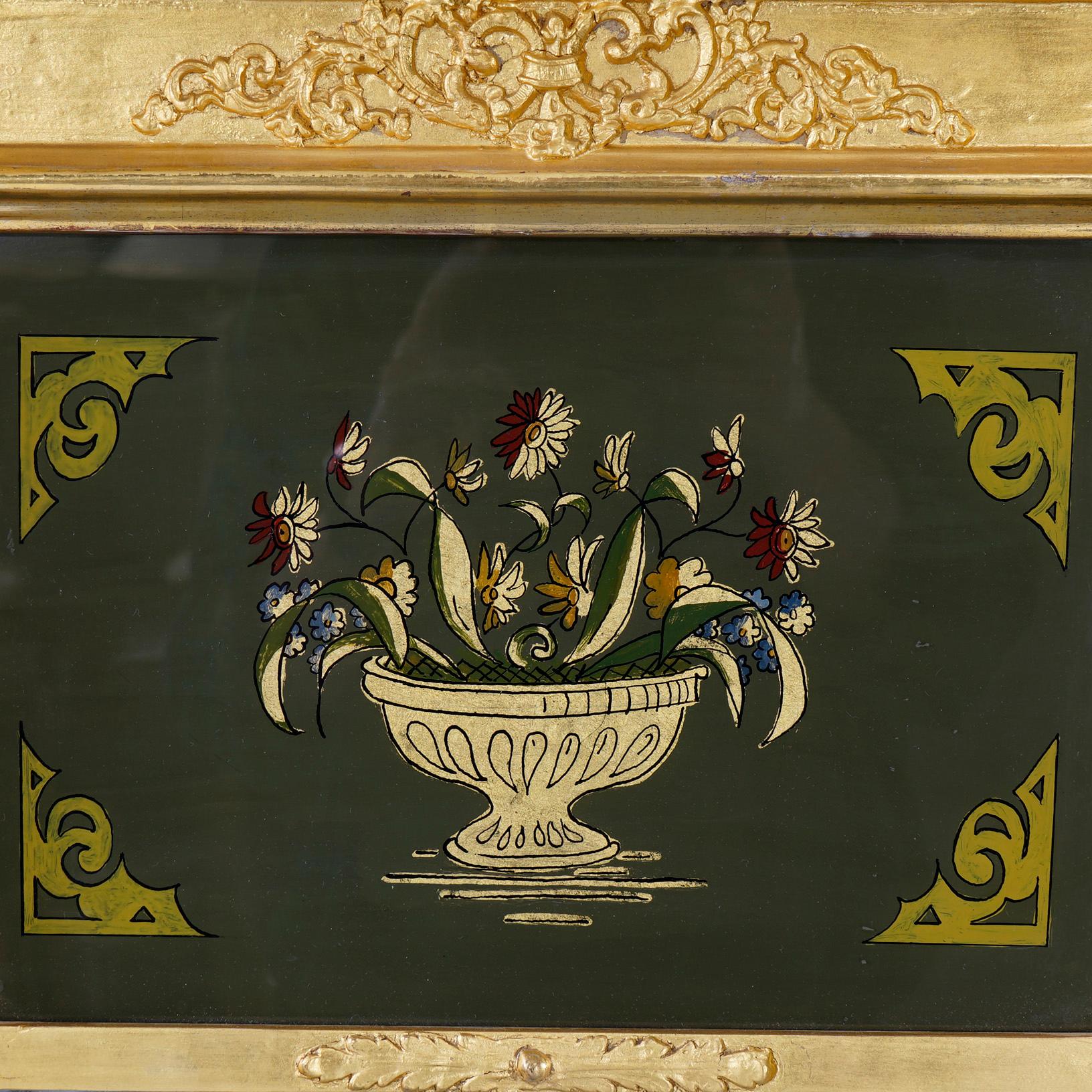 19th Century Antique Empire Reverse Painted Still Life Giltwood Trumeau Wall Mirror 19th C For Sale