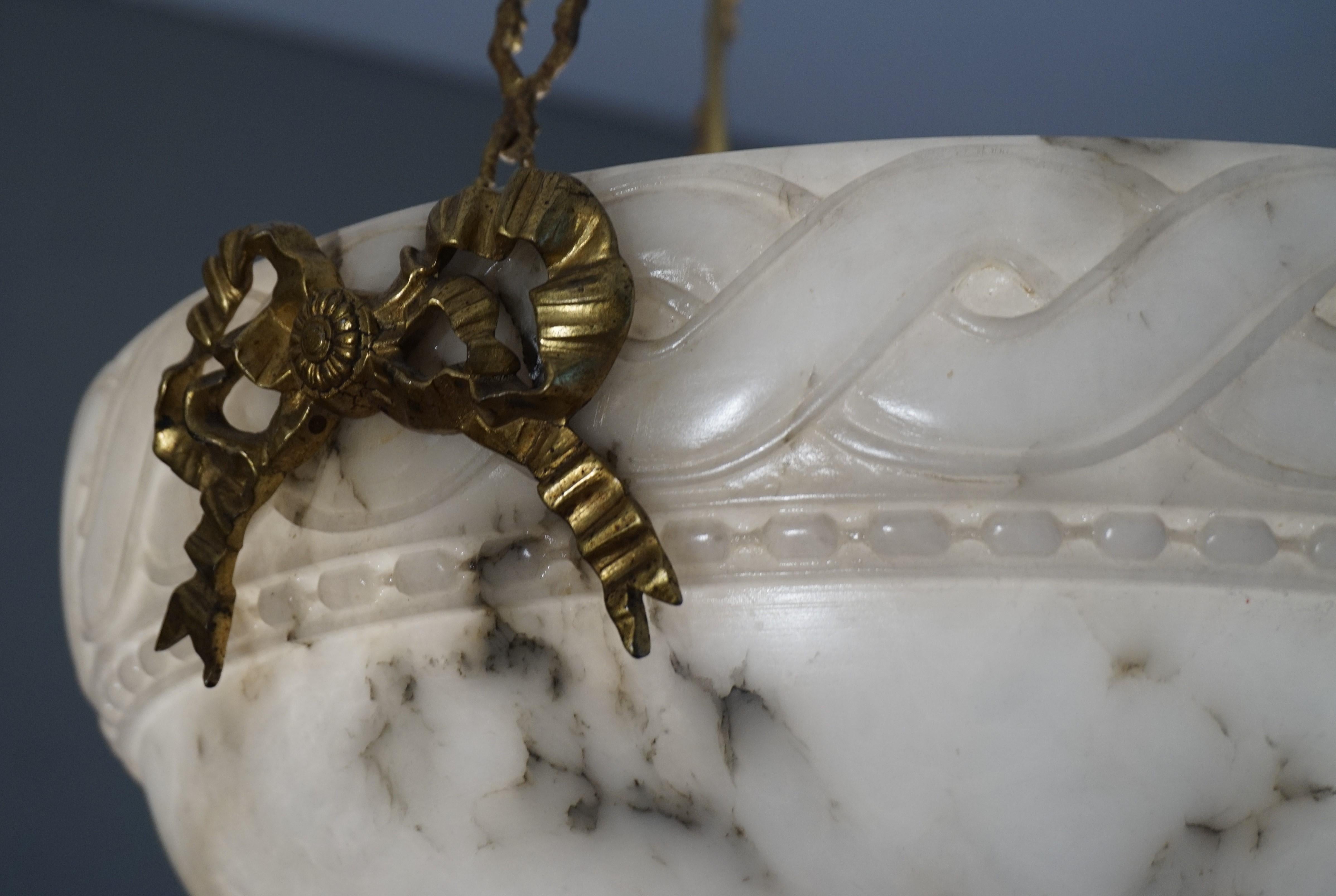 Antique Empire Revival Alabaster & Gilt Bronze Pendant Chandelier w. Rams Heads 7