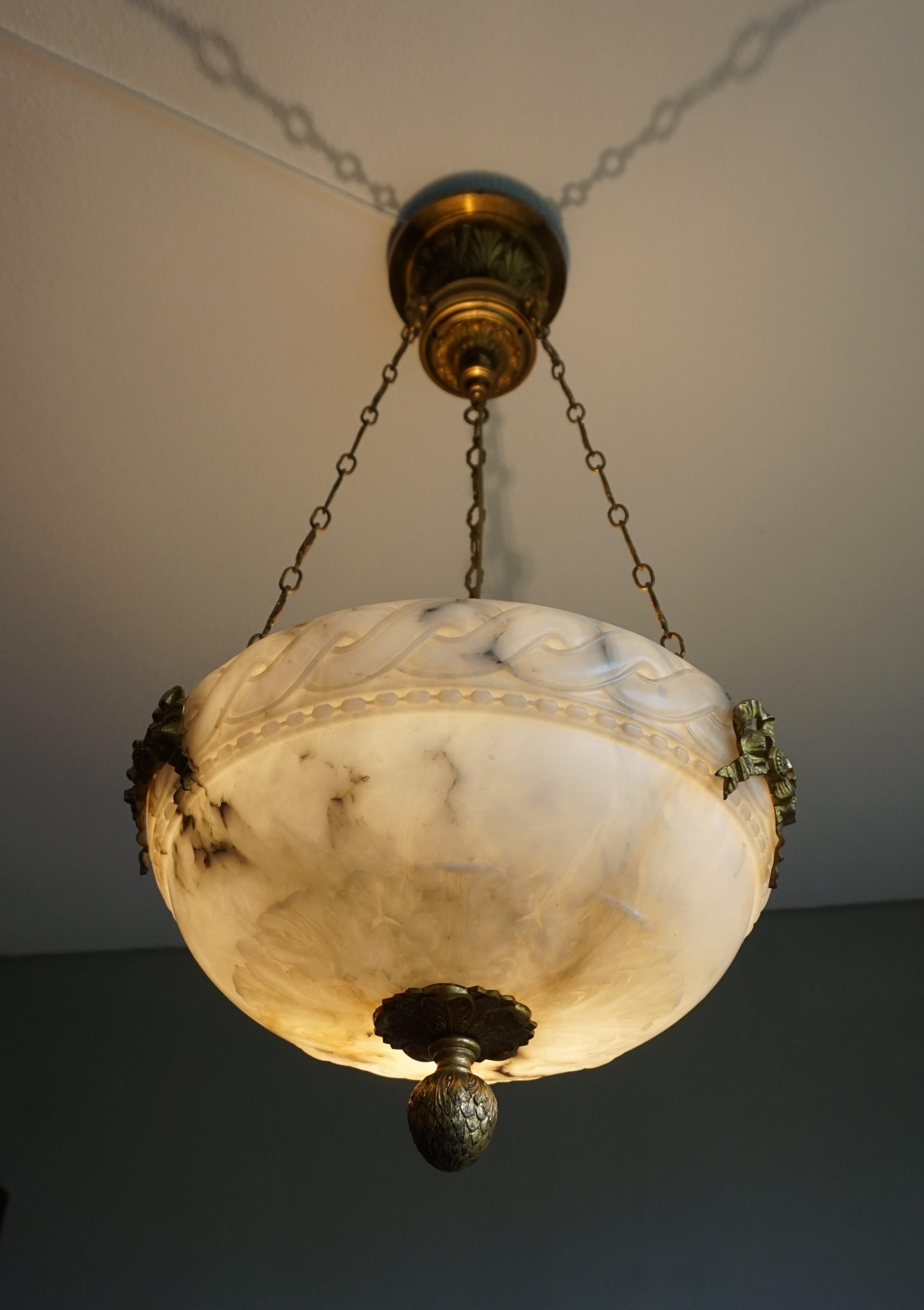 Antique Empire Revival Alabaster & Gilt Bronze Pendant Chandelier w. Rams Heads 13