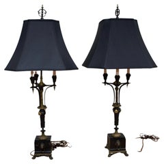 Antique Empire Revival Black Bronze Figural Candelabra Table Lamps - Pair