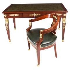 Used Empire Revival Bureau Plat Desk Writing Table & Armchair 19th C