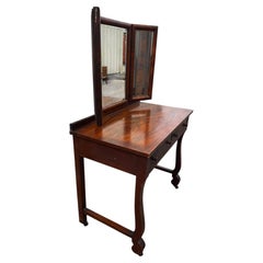 Antique Empire Revival Burl Walnut Tri-fold Mirror Vanity and Chair