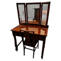 Antique Empire Revival Burl Walnut Tri-fold Mirror Vanity and Chair