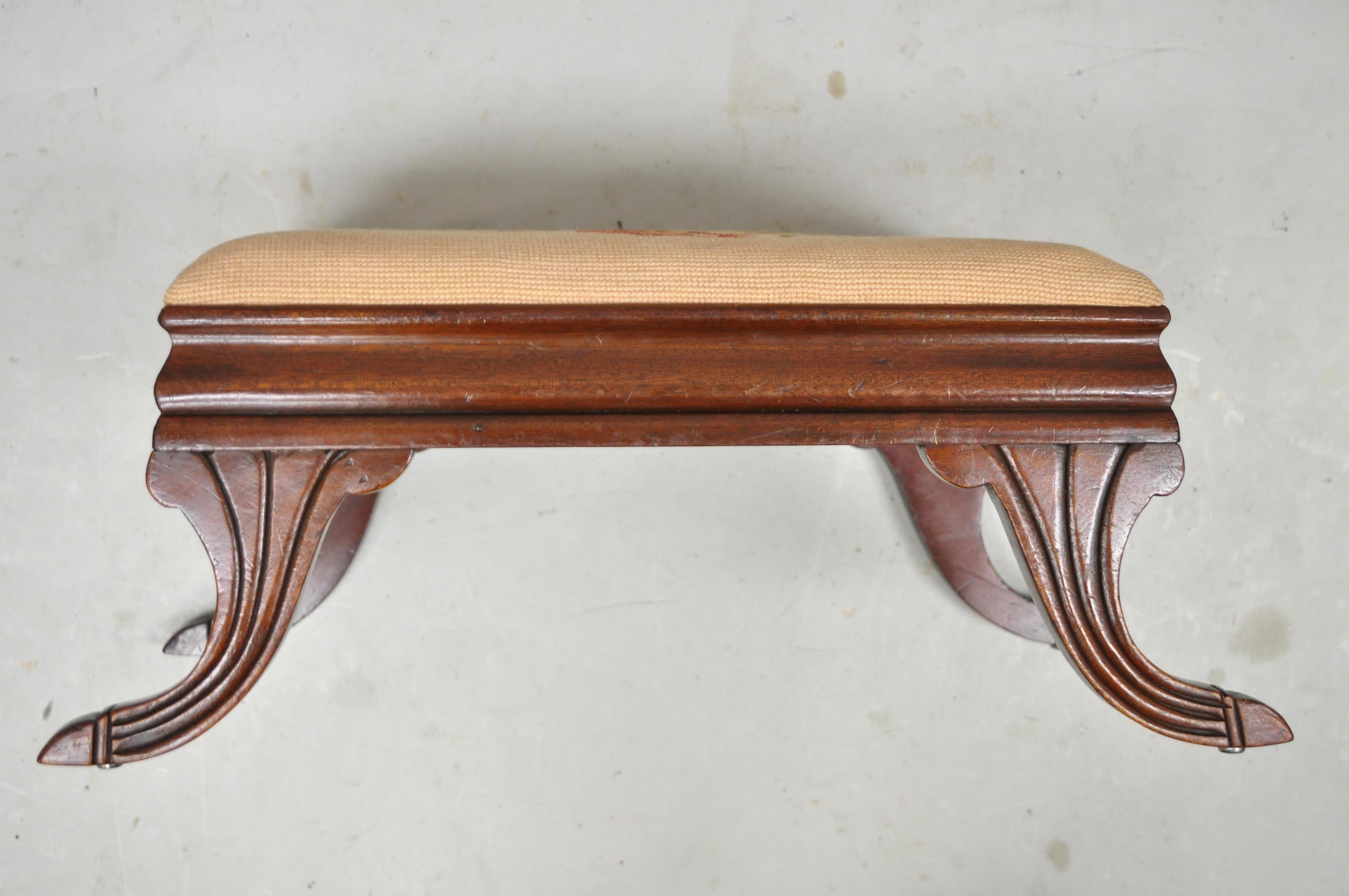 Antique Empire Small Mahogany Saber Leg Pink Needlepoint Footstool Ottoman 5