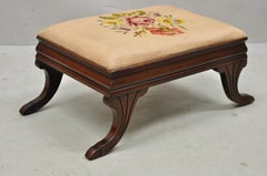 Antique Empire Small Mahogany Saber Leg Pink Needlepoint Footstool Ottoman