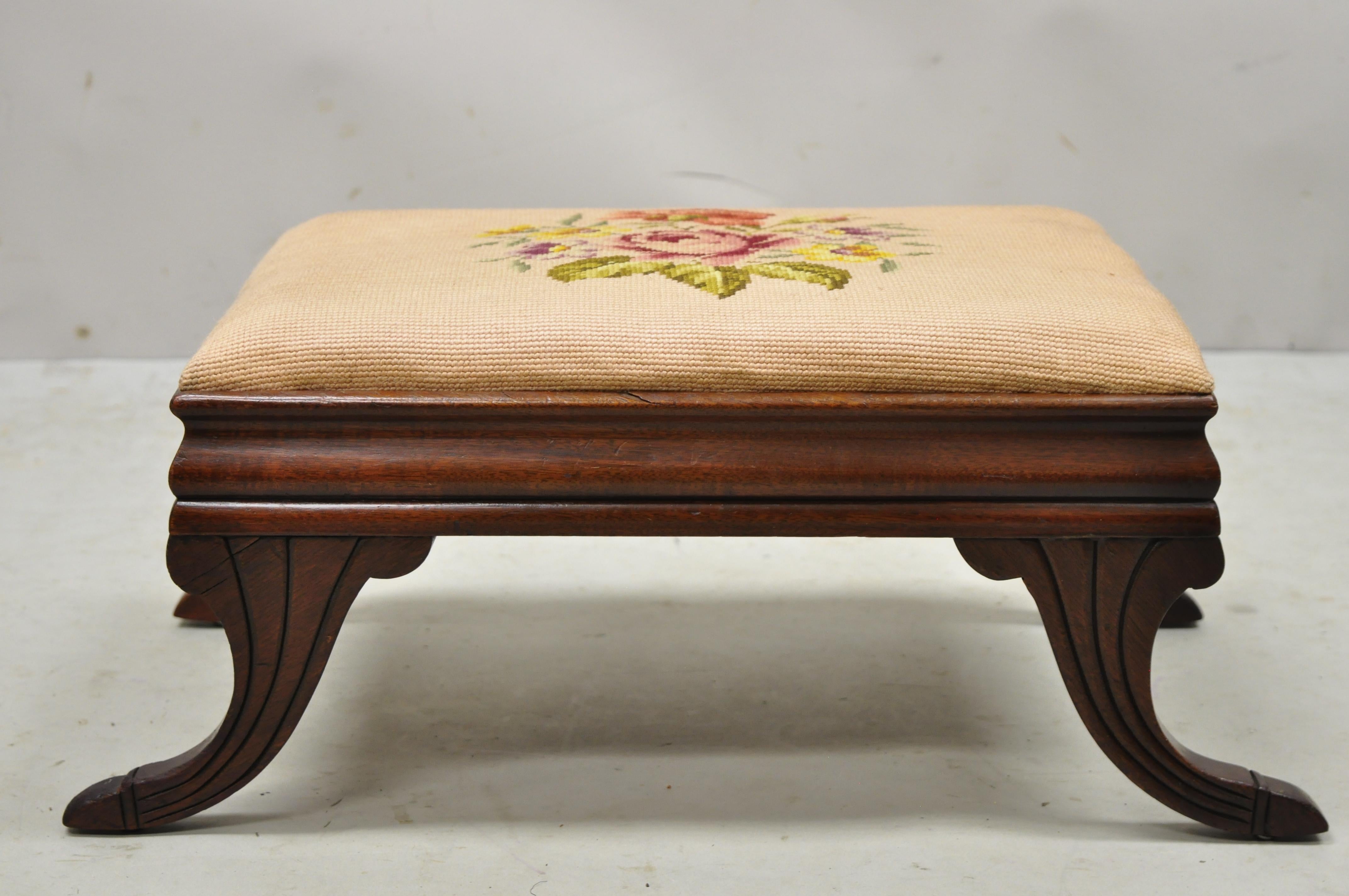North American Antique Empire Small Mahogany Saber Leg Pink Needlepoint Footstool Ottoman