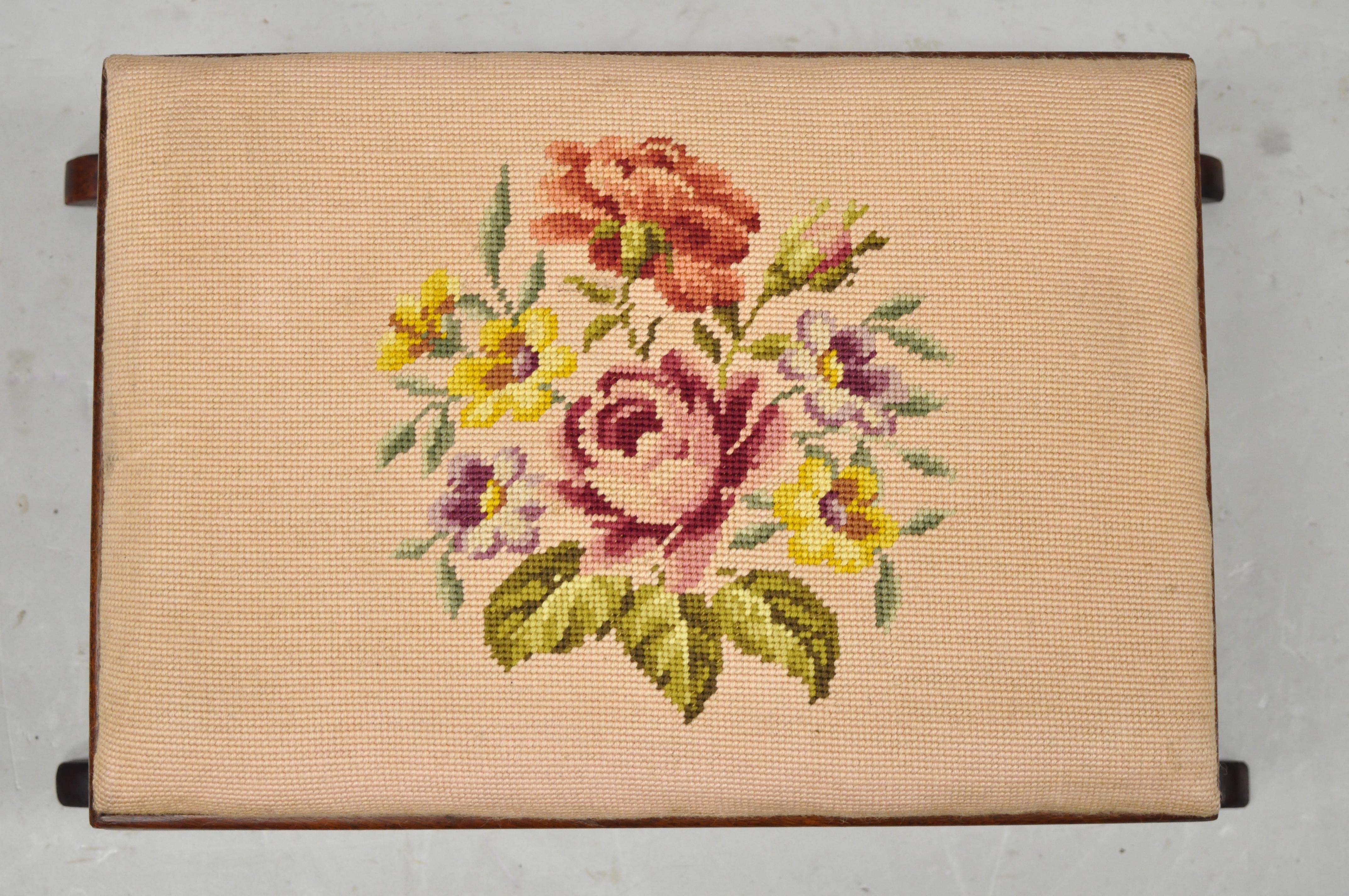 Antique Empire Small Mahogany Saber Leg Pink Needlepoint Footstool Ottoman In Good Condition In Philadelphia, PA
