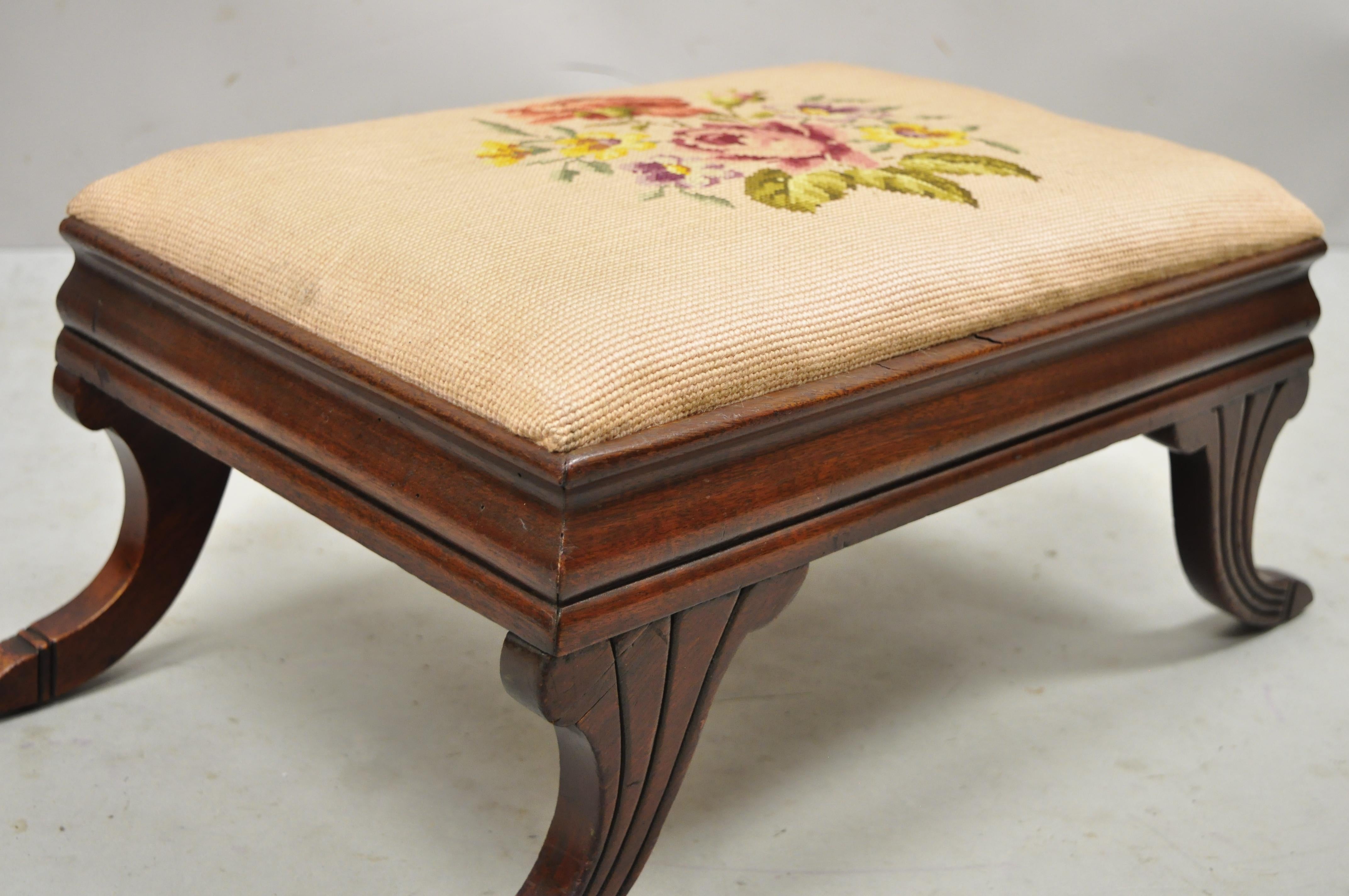 Antique Empire Small Mahogany Saber Leg Pink Needlepoint Footstool Ottoman 1