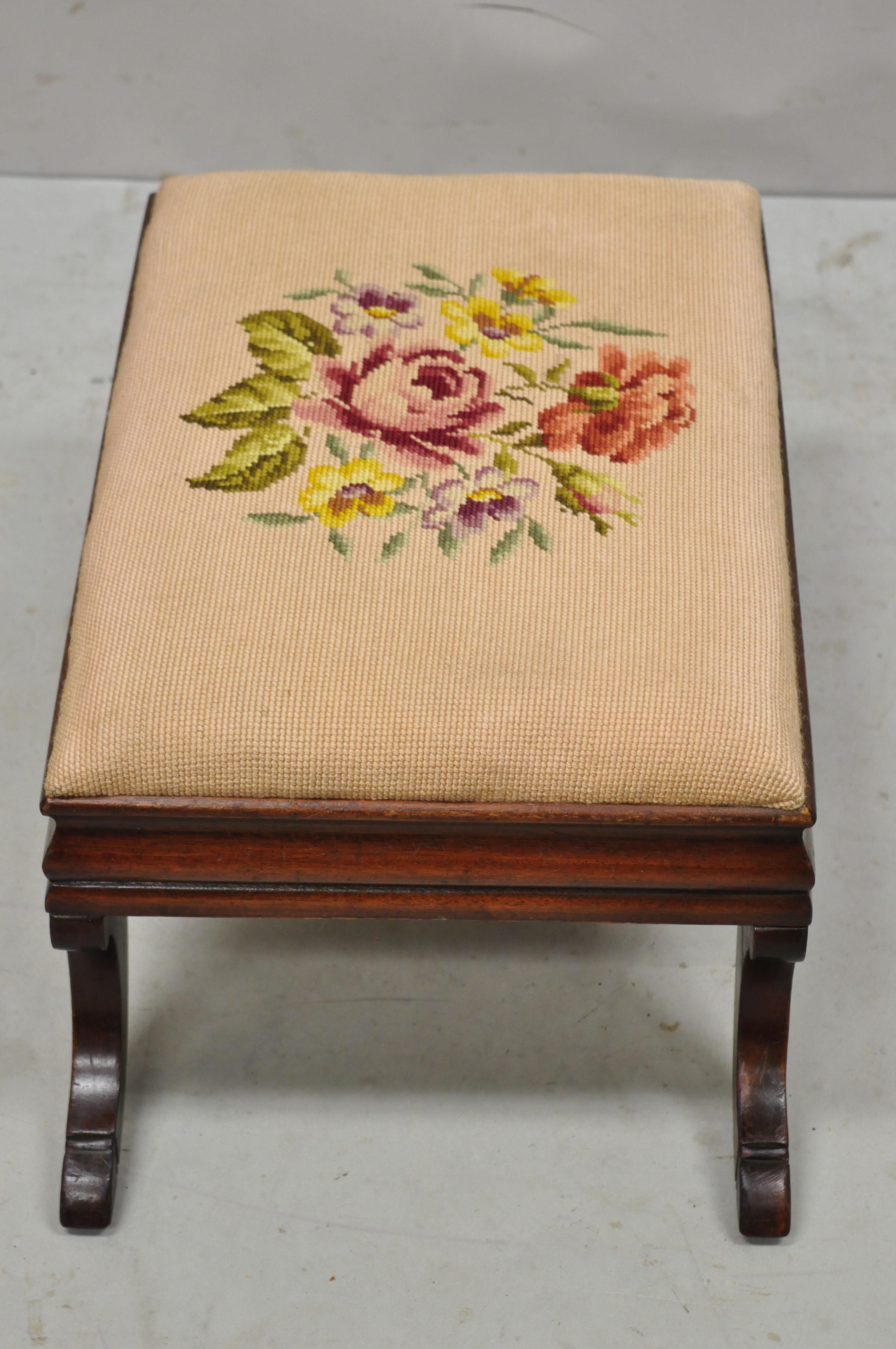 Antique Empire Small Mahogany Saber Leg Pink Needlepoint Footstool Ottoman 3