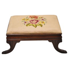 Antique Empire Small Mahogany Saber Leg Pink Needlepoint Footstool Ottoman