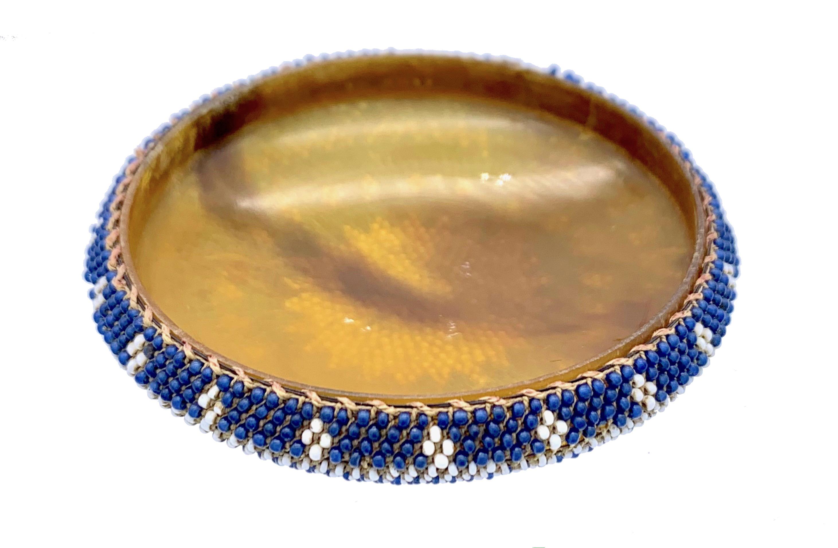Women's or Men's Antique Empire Snuffbox Sun Emblem Amitié Gift of Friendship Glass Beadwork Horn For Sale