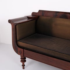 Antique Empire Sofa in Mahogany with Turned Legs and Brown Upholstery, 1830s
