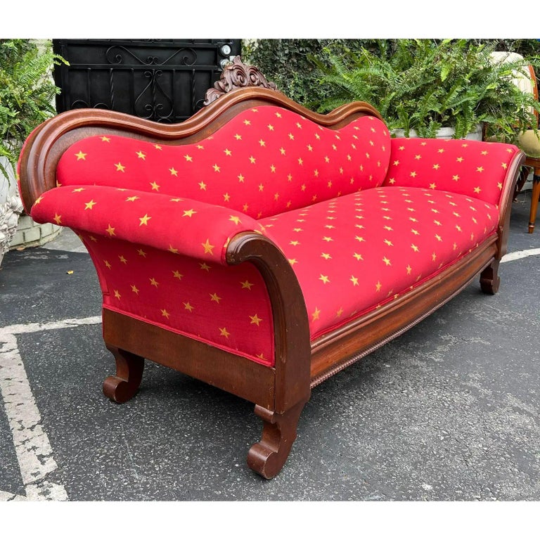 Antique Empire Sofa with Red and Gold Clarence House Fabric, Mid19th