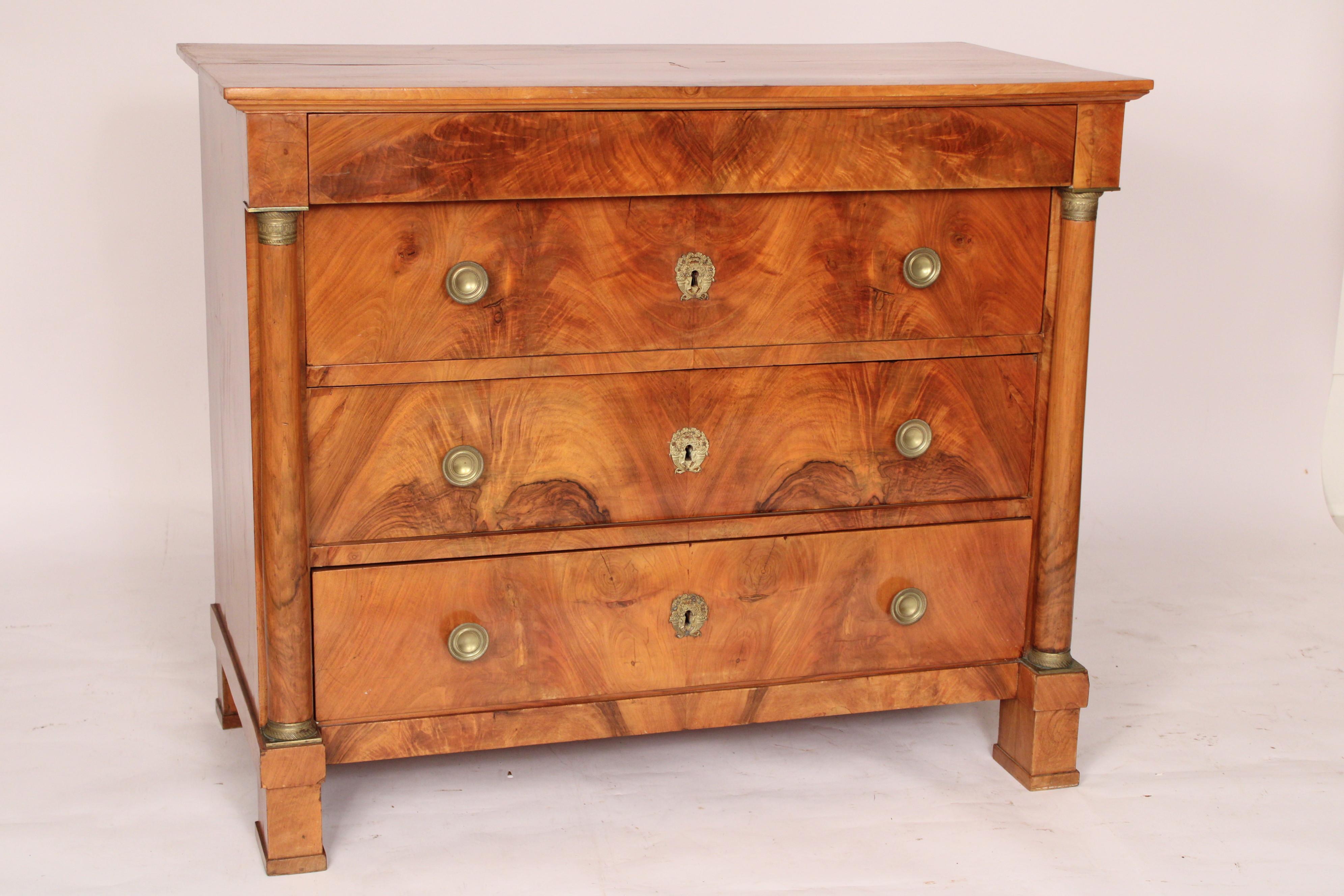 European Antique Empire Style Burl Walnut Chest Of Drawers For Sale
