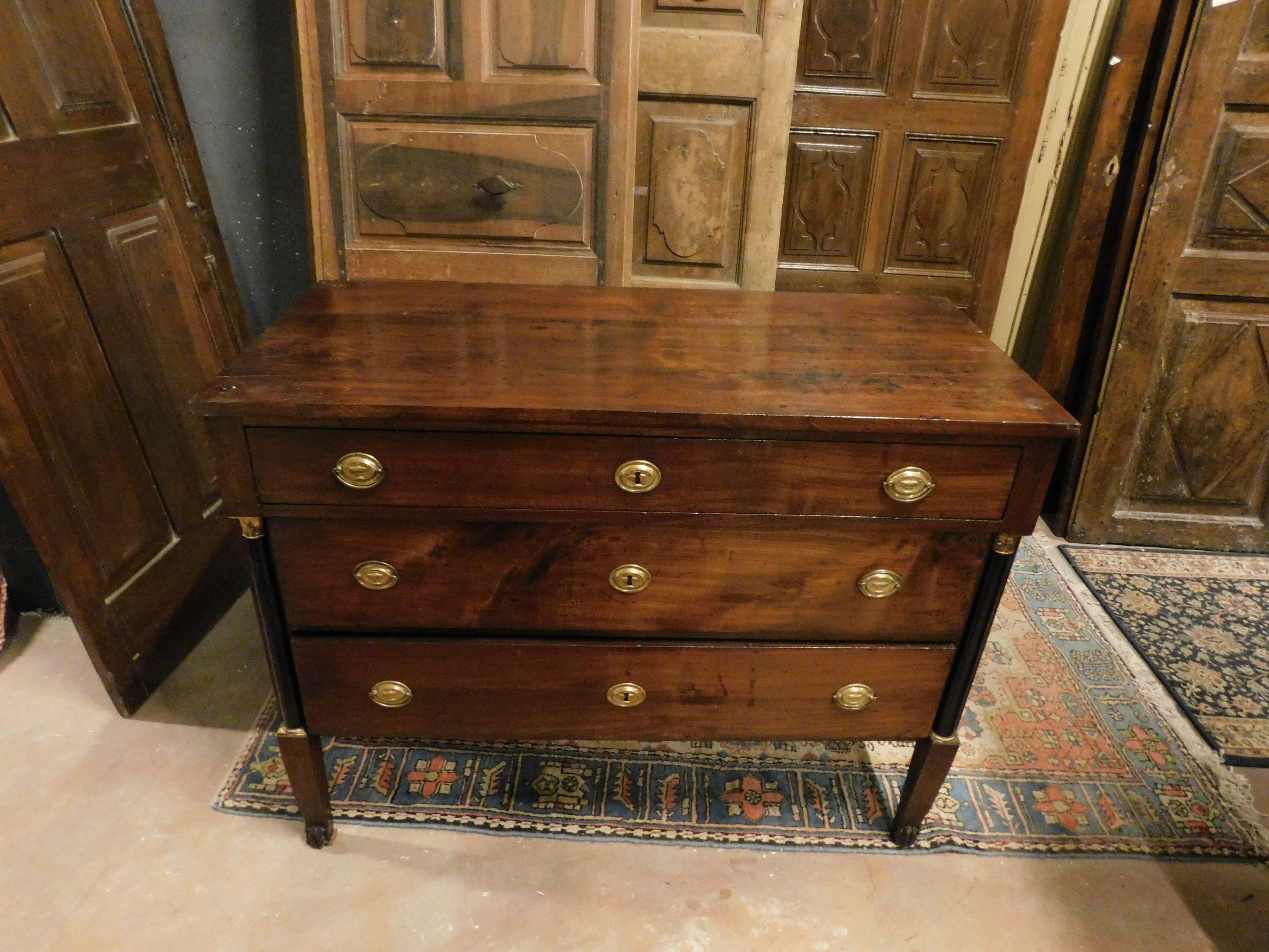 Hand-Carved Antique Empire Style Chest of Drawers in Walnut with Columns, Early 19th Century