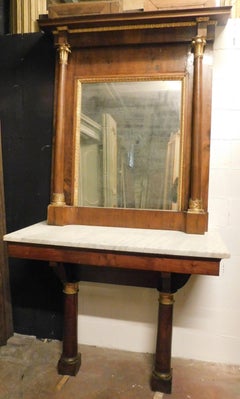 Antique Empire Style Console Table in Walnut with Original Mirror, 19th Century