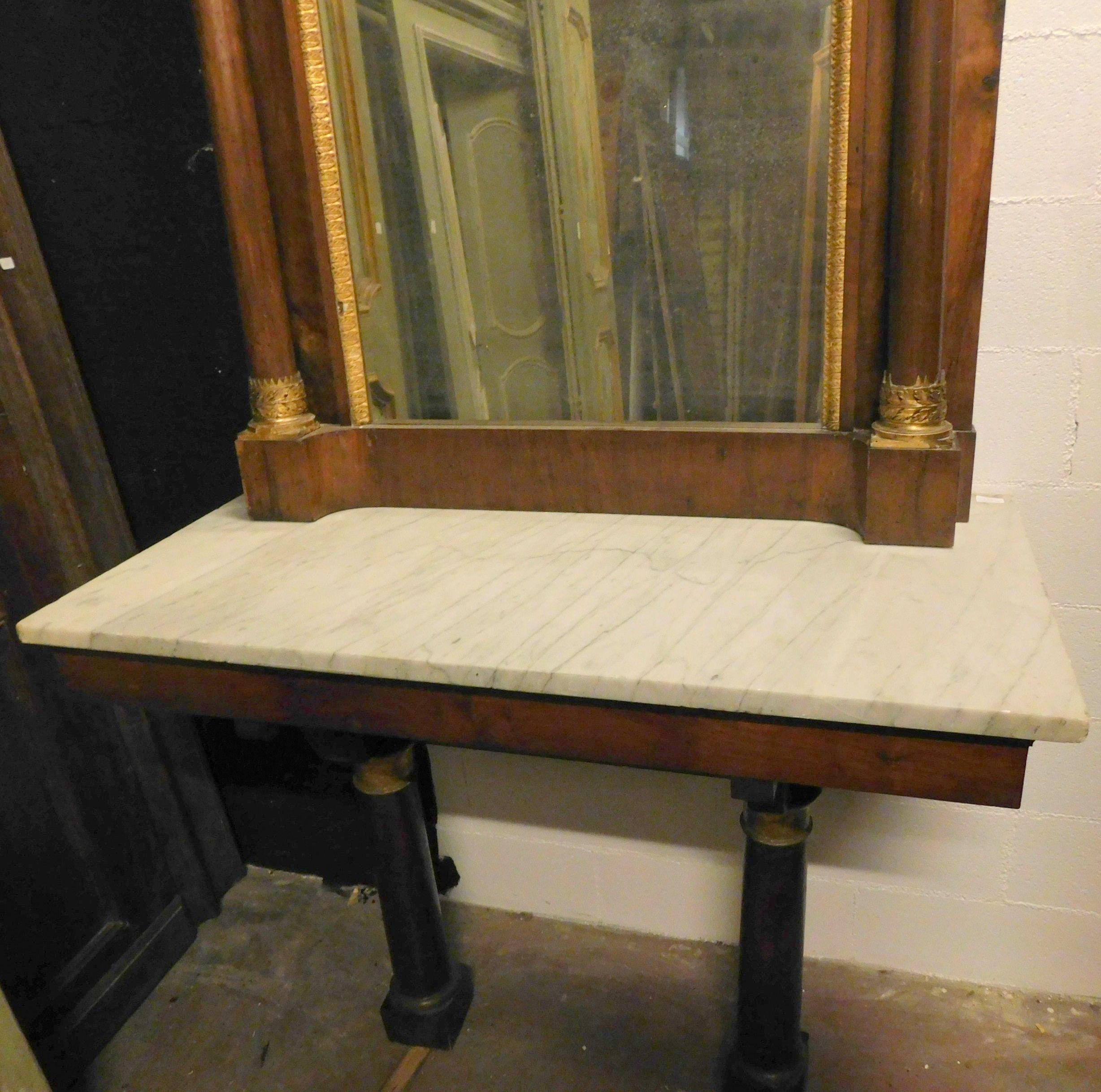 Italian Antique Empire Style Console Table in Walnut with Original Mirror, 19th Century For Sale