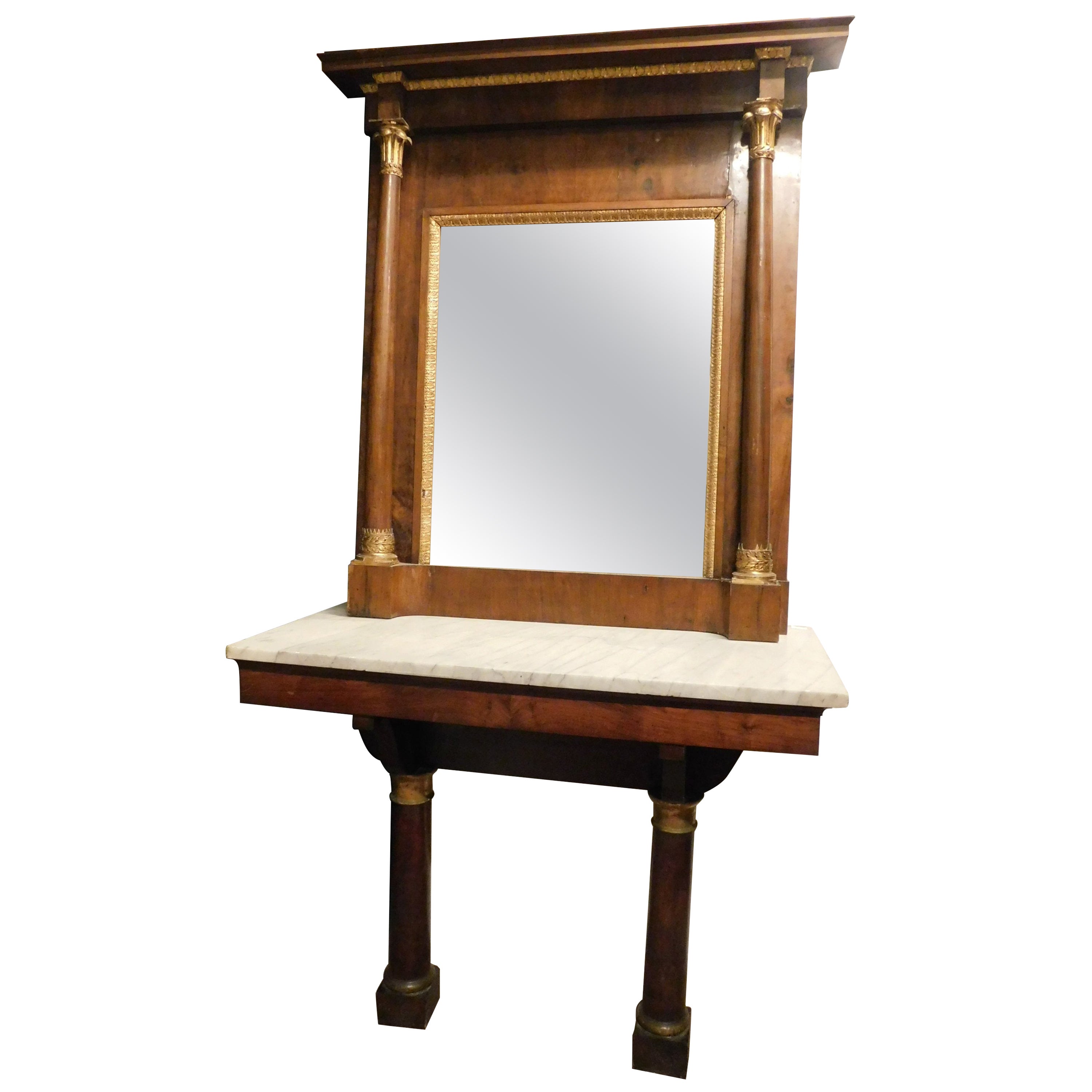 Antique Empire Style Console Table in Walnut with Original Mirror, 19th Century