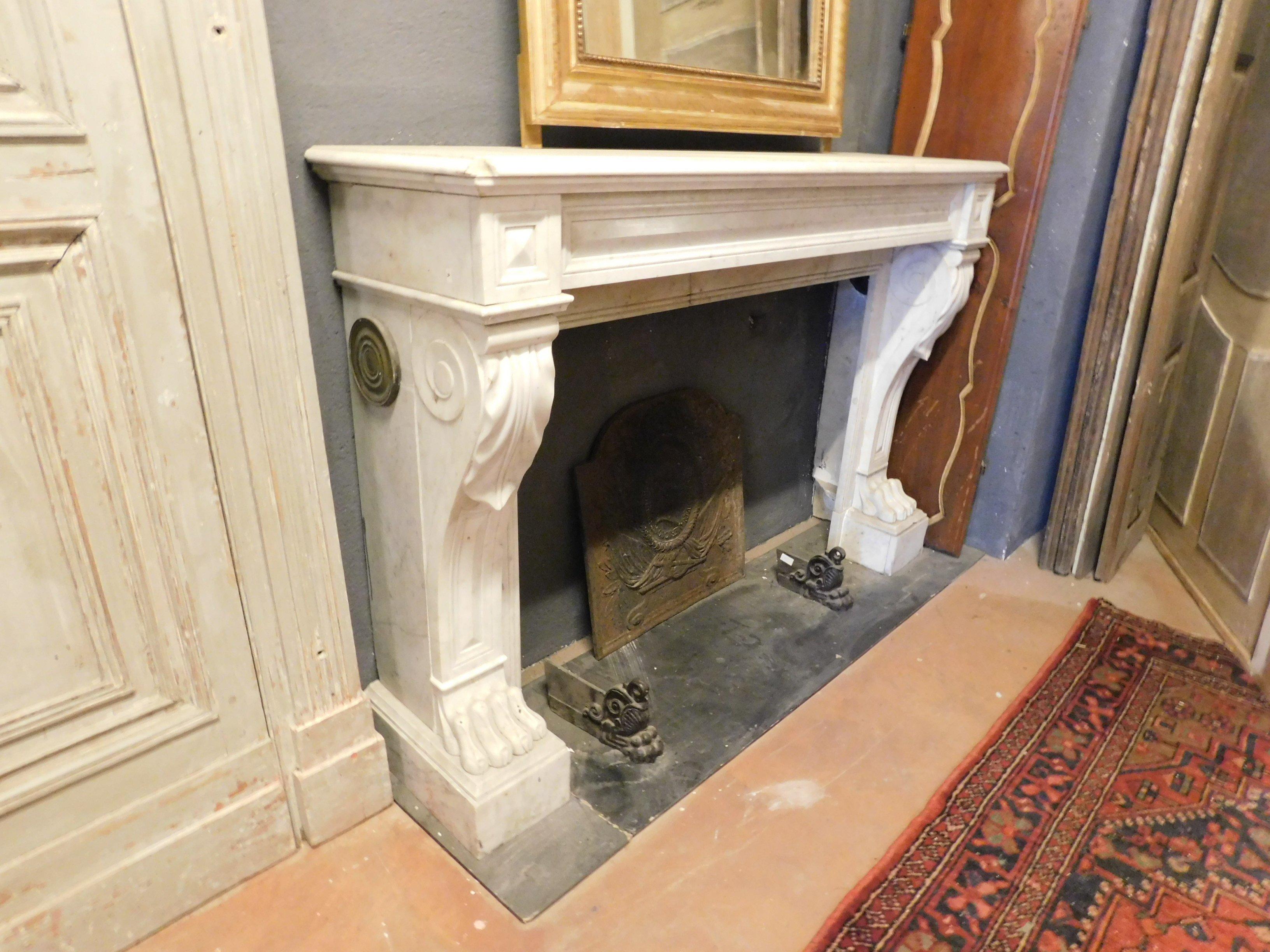 Italian Antique Empire Style Fireplace, White Carrara Marble, Lion Paws, 1800 France For Sale