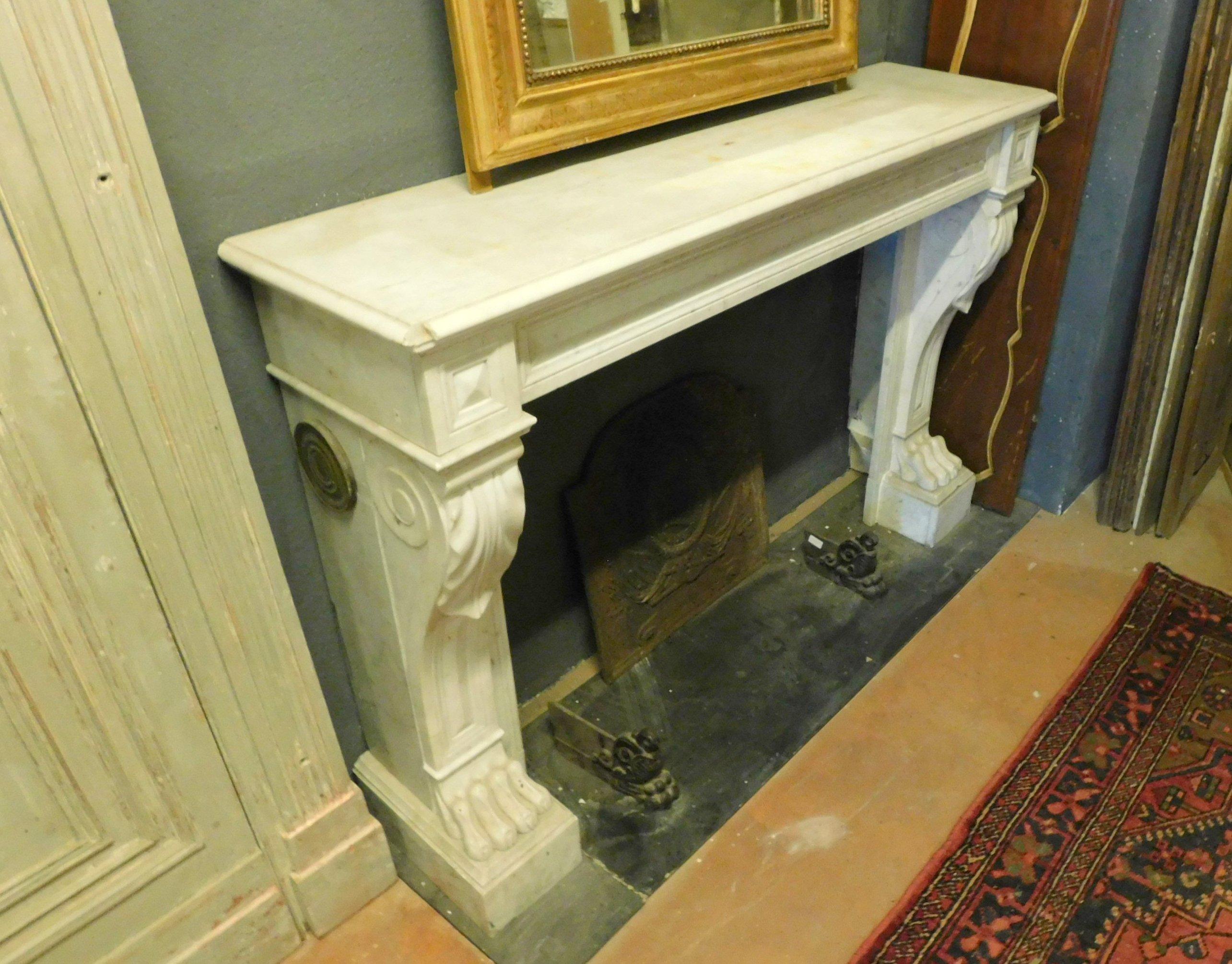 Hand-Carved Antique Empire Style Fireplace, White Carrara Marble, Lion Paws, 1800 France For Sale