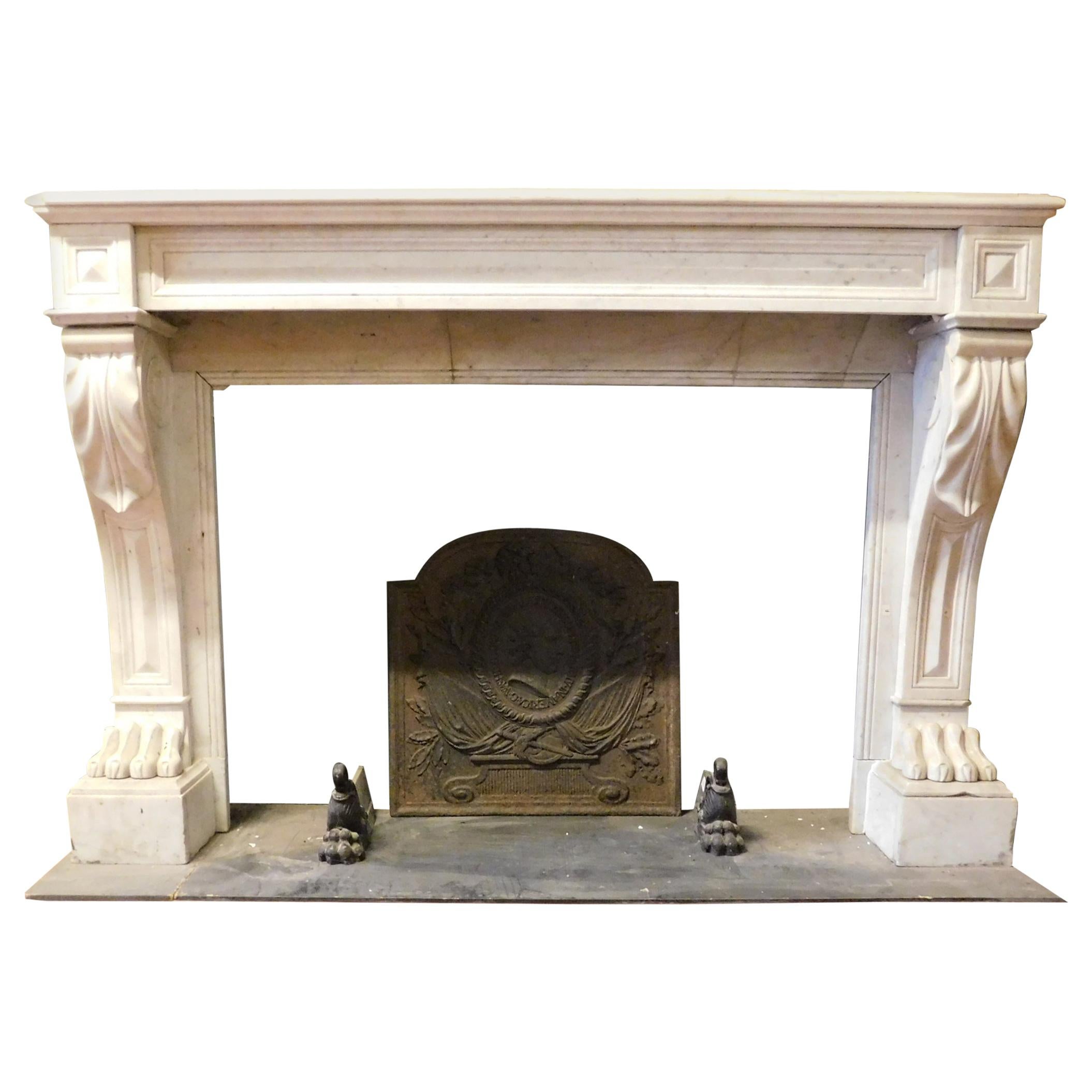 Antique Empire Style Fireplace, White Carrara Marble, Lion Paws, 1800 France
