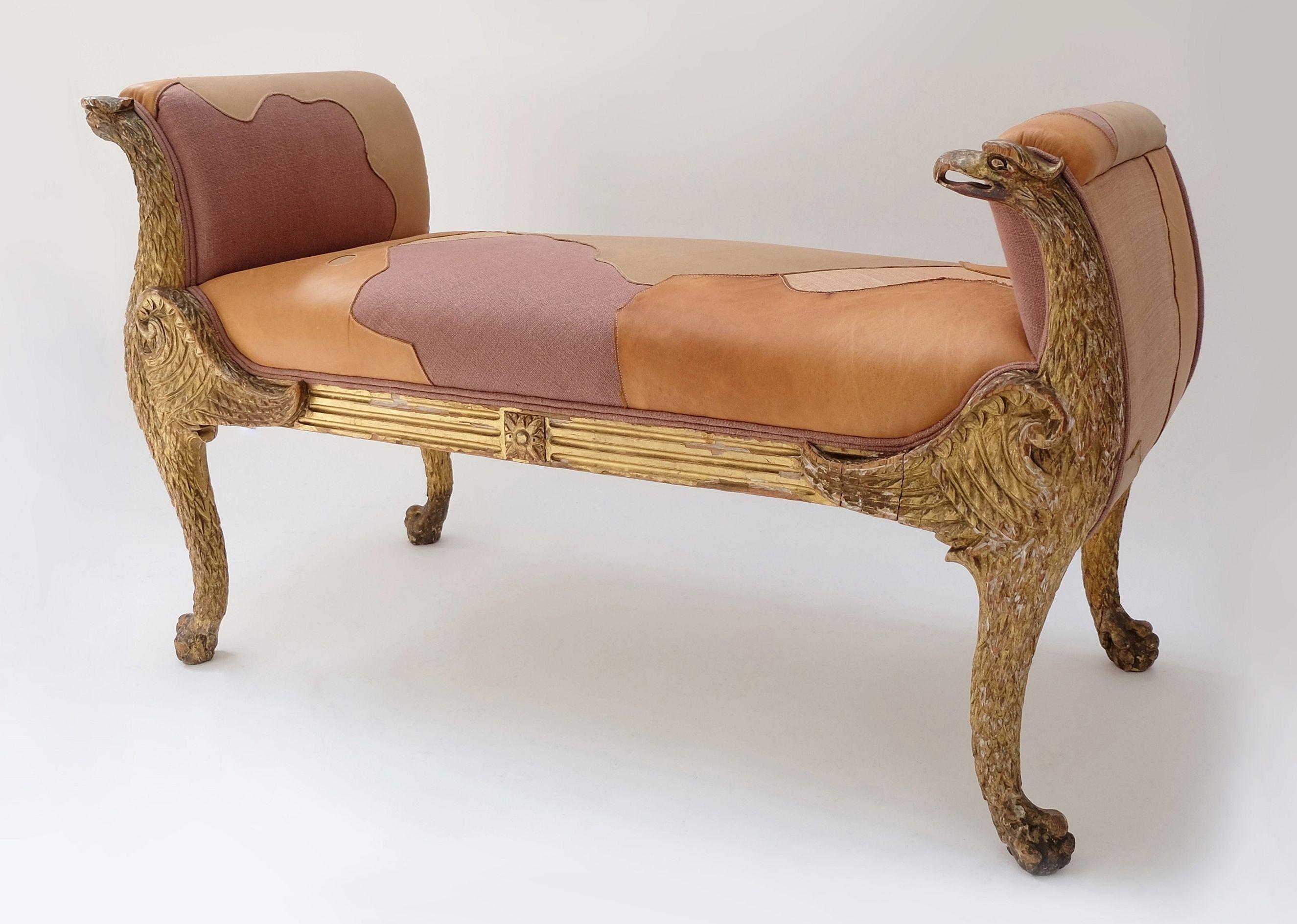 Unknown Antique Empire Style Gilded Scroll Arm Window Bench with Winged Eagle Supports For Sale