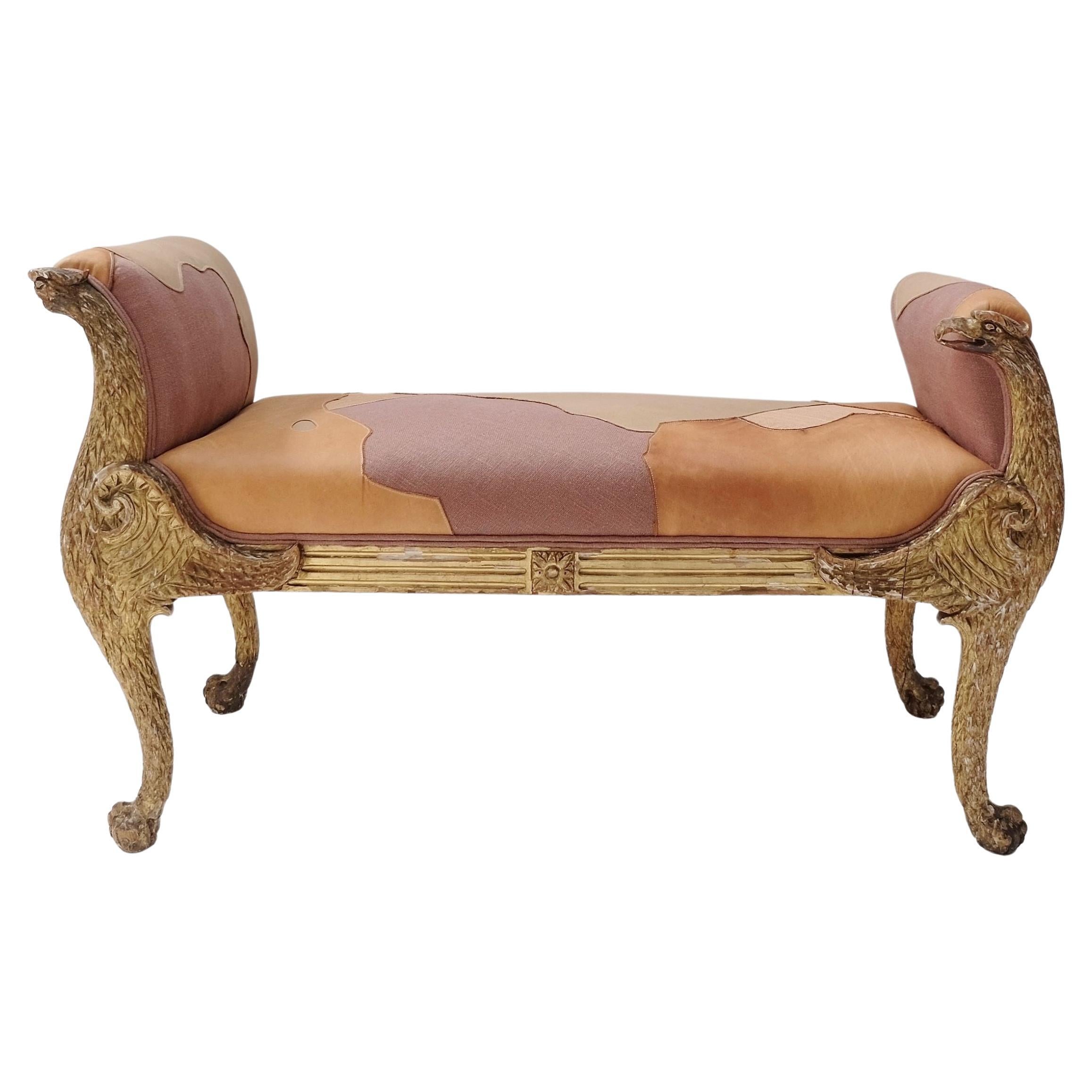 Antique Empire Style Gilded Scroll Arm Window Bench with Winged Eagle Supports
