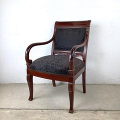 Antique Empire Style Mahogany Fauteuil with Black Damask Upholstery