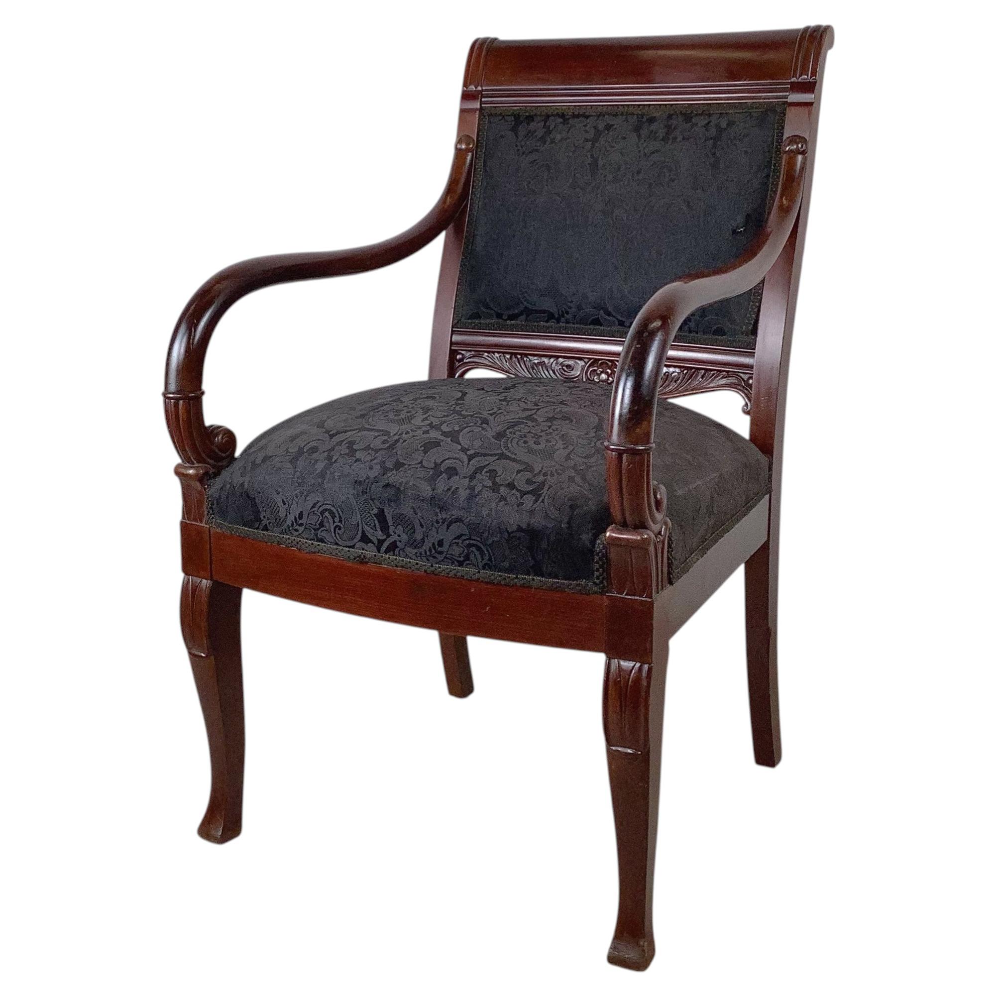 Antique Empire Style Mahogany Fauteuil with Black Damask Upholstery
