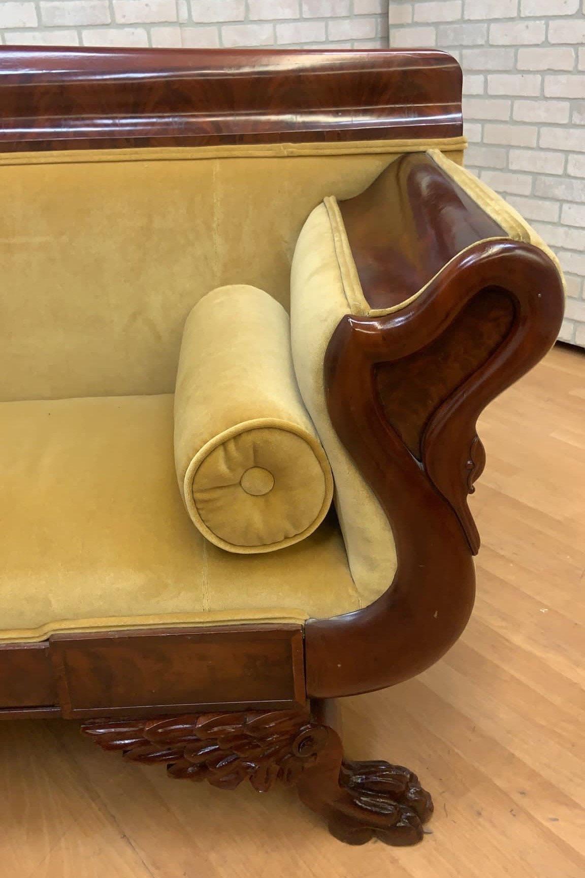 Antique Empire Style Mahogany Swan Grecian Sofa in Yellow In Good Condition In Chicago, IL