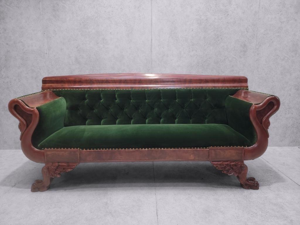Antique Empire Style Mahogany Swan Grecian Sofa Newly Upholstered In a Green Velvet

Antique Classic Empire style carved mahogany tufted Grecian sofa newly upholstered in a high end plush emerald green velvet. The sofa has carved swans head arm