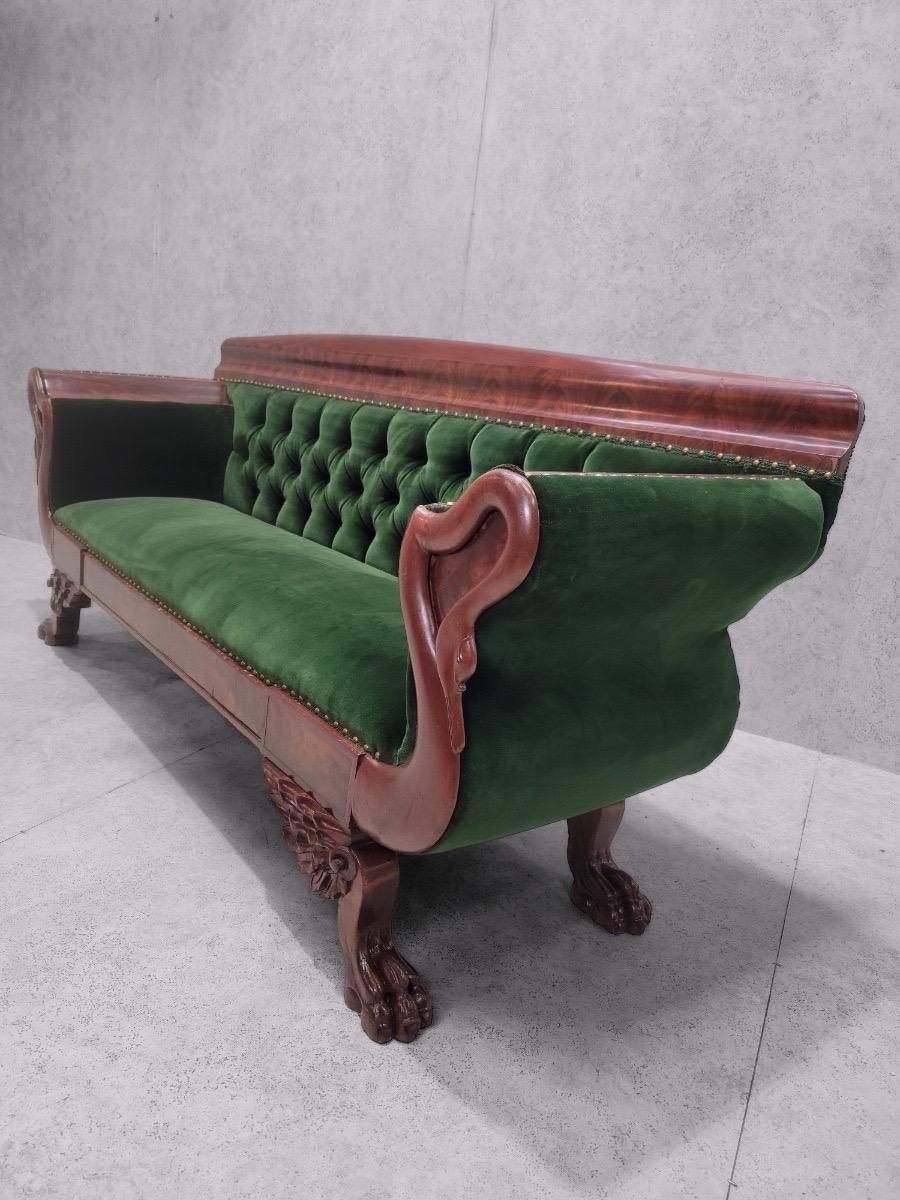 Antique Empire Style Mahogany Swan Grecian Sofa Newly Upholstered For Sale 2
