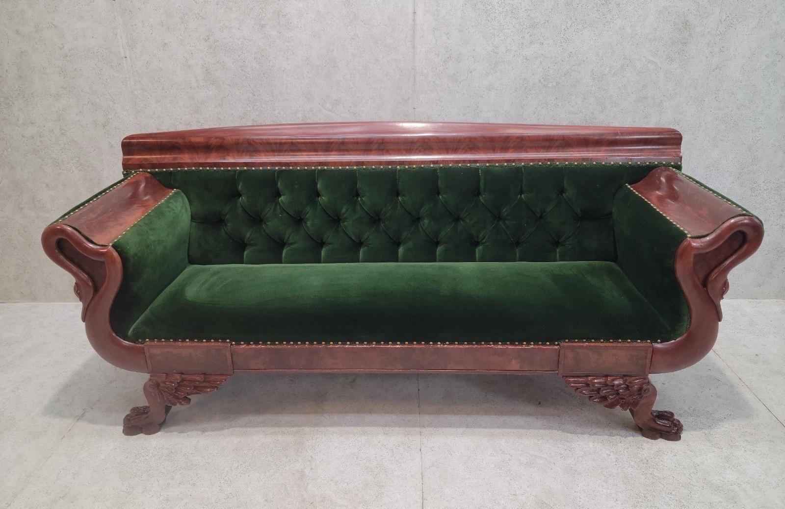Antique Empire Style Mahogany Swan Grecian Sofa Newly Upholstered For Sale 4