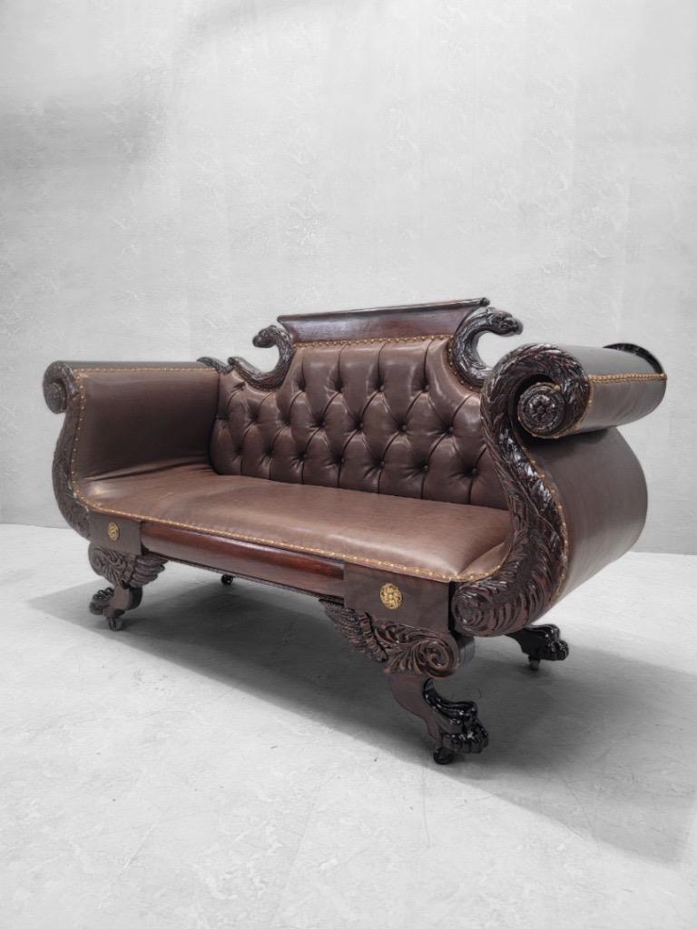 Unknown Antique Empire Style Mahogany Tufted Parlor Sofa Newly Upholstered in Leather For Sale