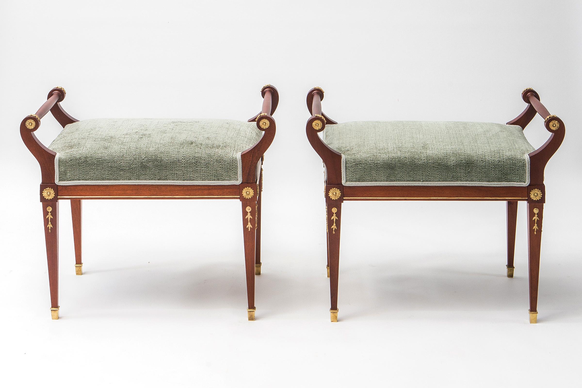 Pieces are fully restored: new upholstery with coordinated trim, wood was restored and new lacquer applied, brass details are cleaned and refinished 