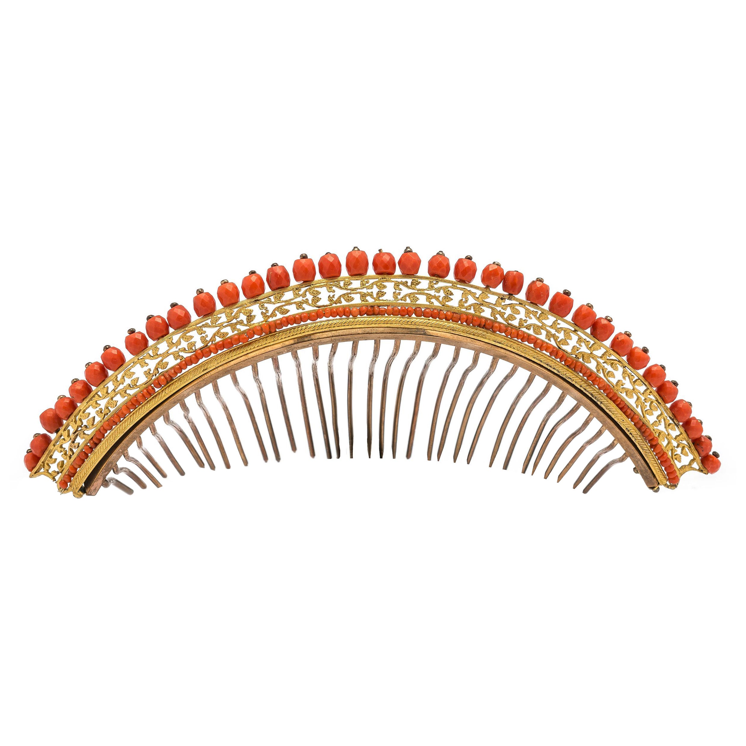 Antico diadema impero pettine testa ornamento Corallium Rubrum  Fuoco Dorato Metall