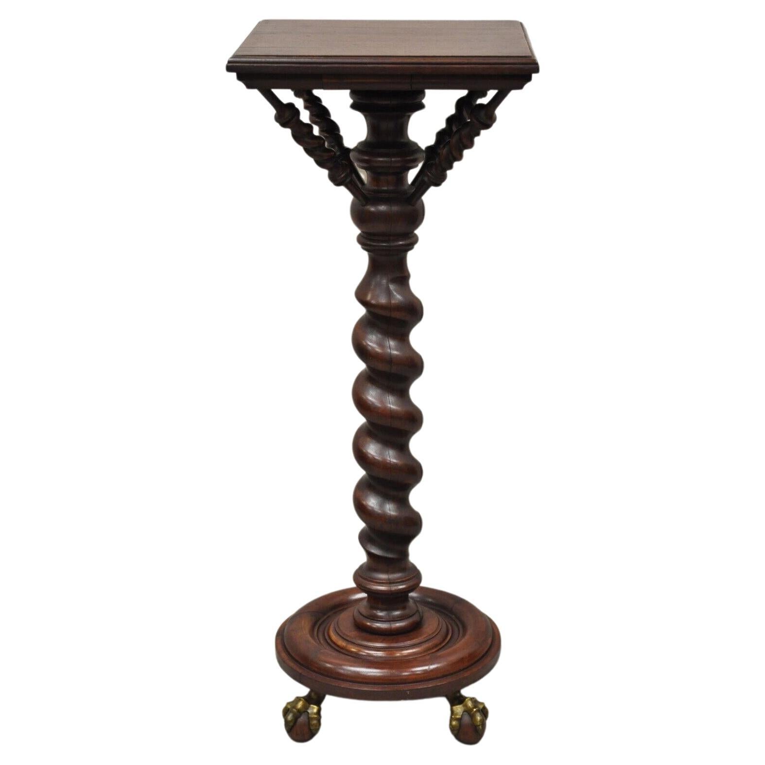 Antique Empire Victorian Walnut Barley Twist Spiral Carved Pedestal Stand